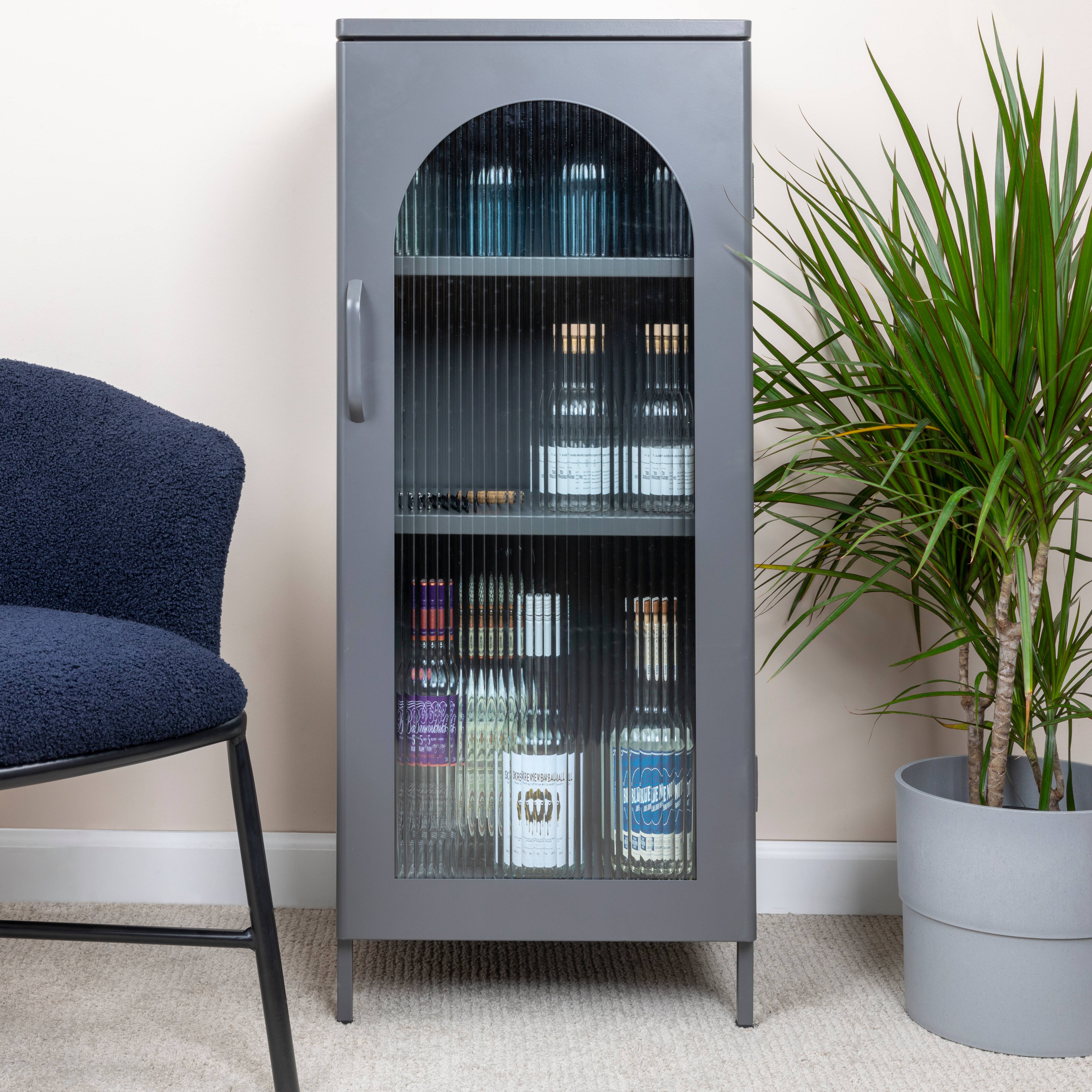 Hello Honey® 40" Solstice Narrow Metal Accent Cabinet with Adjustable Storage Shelves and Arched Glass Door