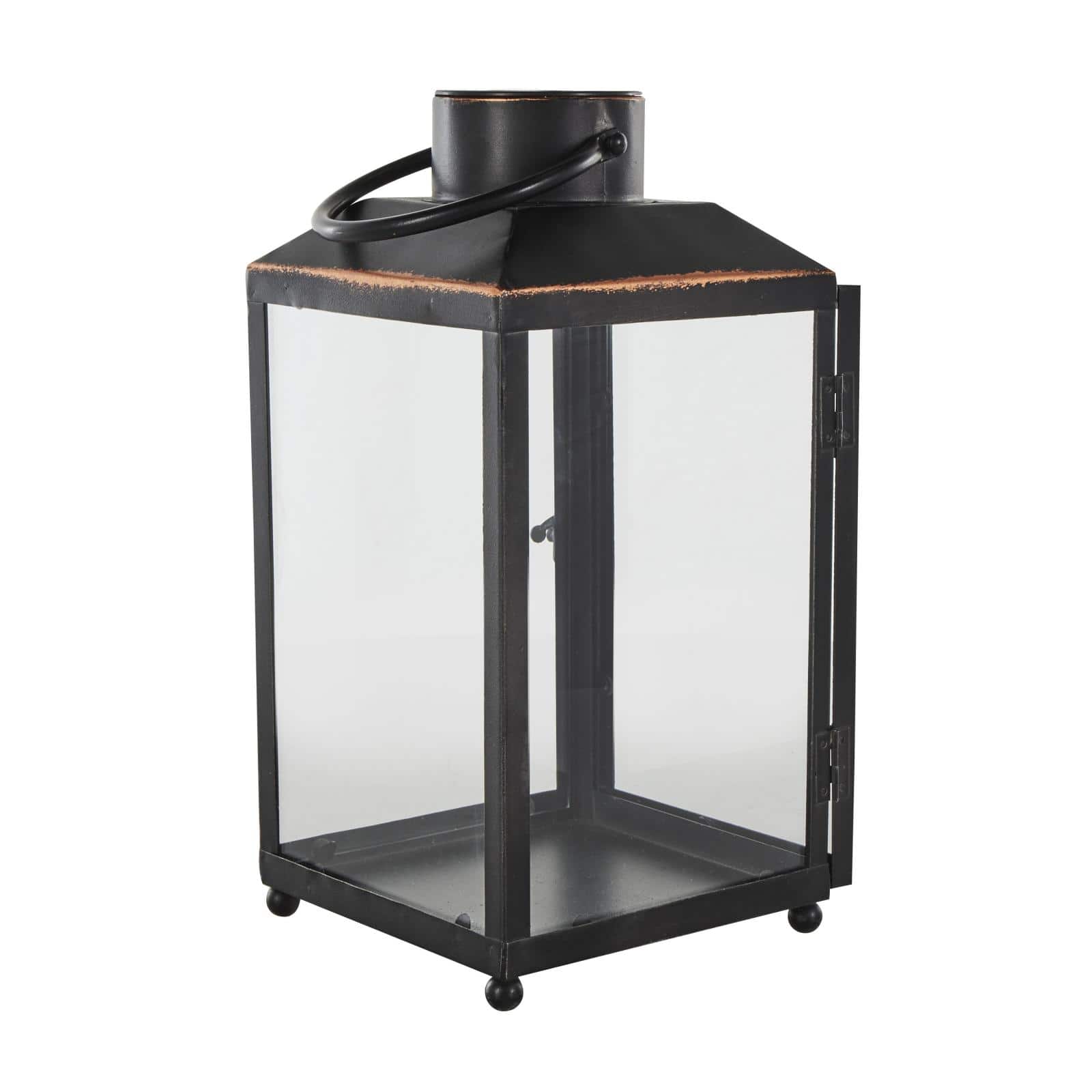 14" Black Metal Modern Candle Lantern with Gold Accents