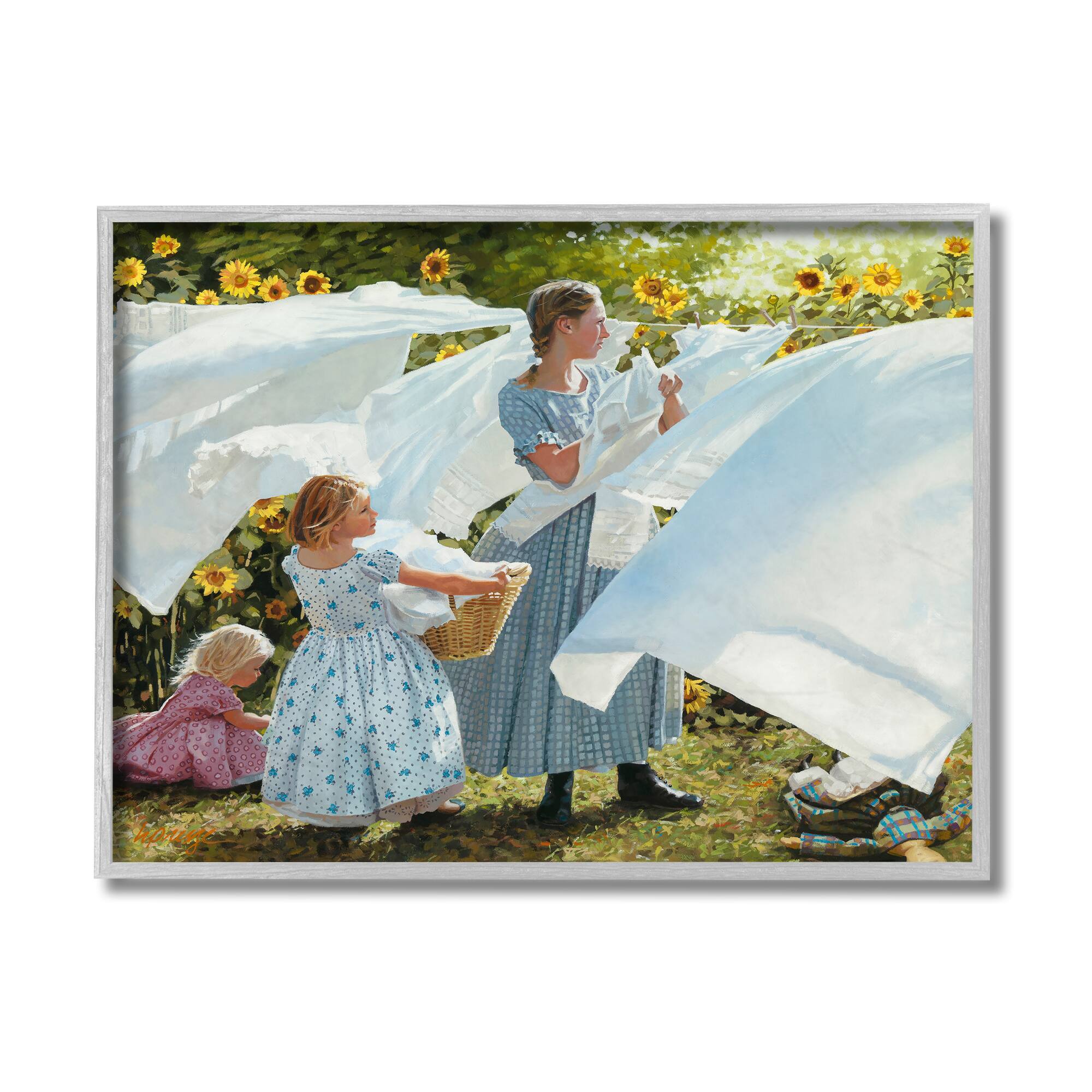 Stupell Industries Farm Children Doing Laundry Wall Art in Gray Frame
