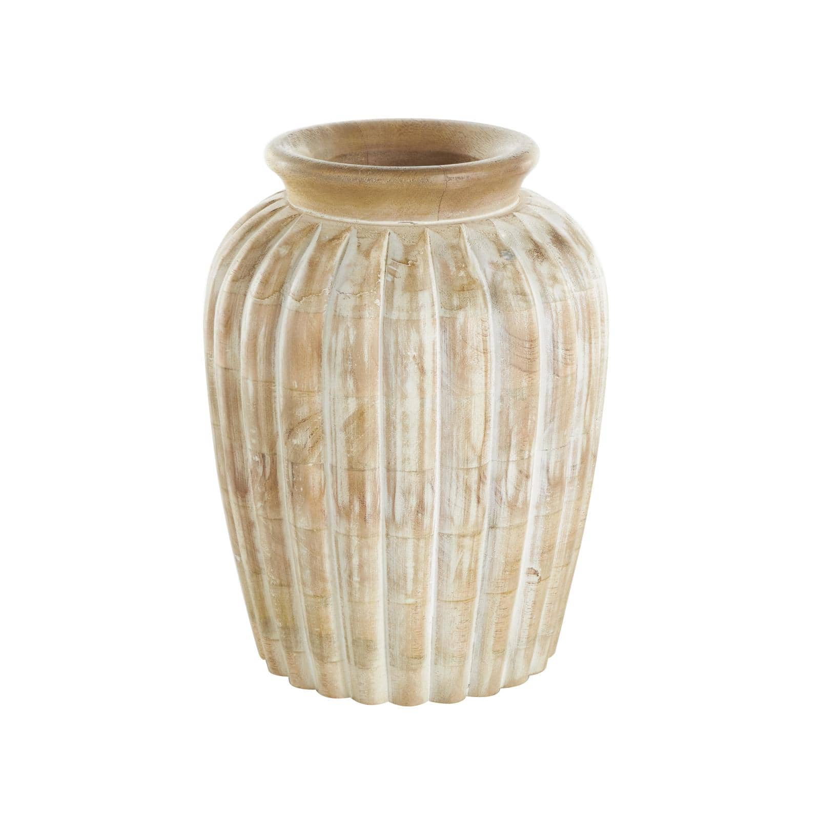 11" Light Brown Mango Wood Distressed Vase with Carved Ridges