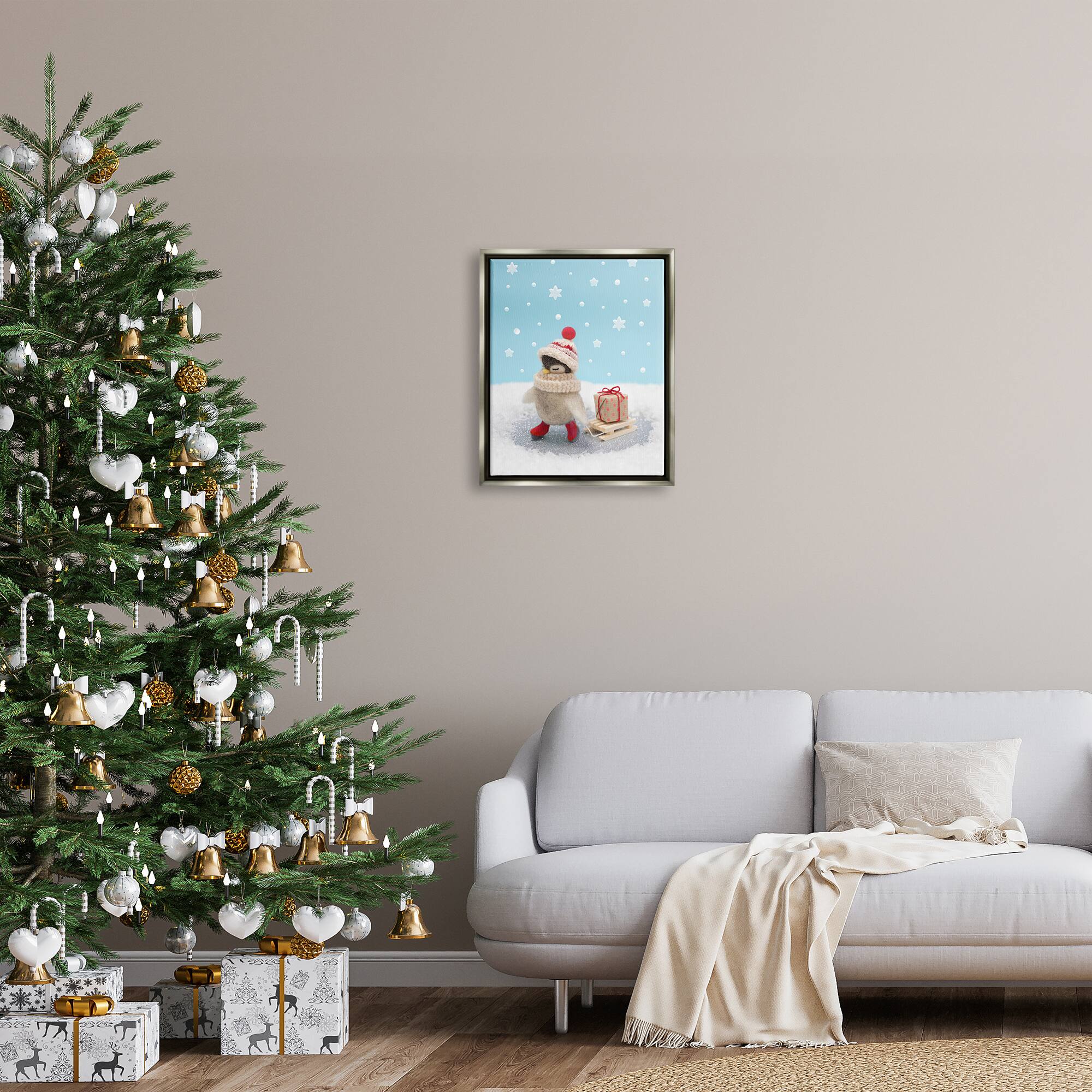 Stupell Industries Penguin Christmas Present Sled Framed Floater Canvas Wall Art