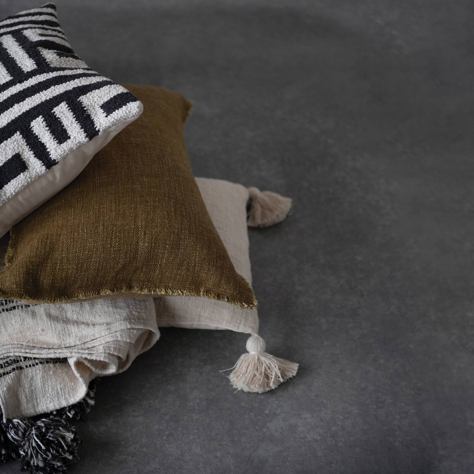 Hello Honey® Cream Lumbar Pillow with Tassels & Variegated Gray Yarns