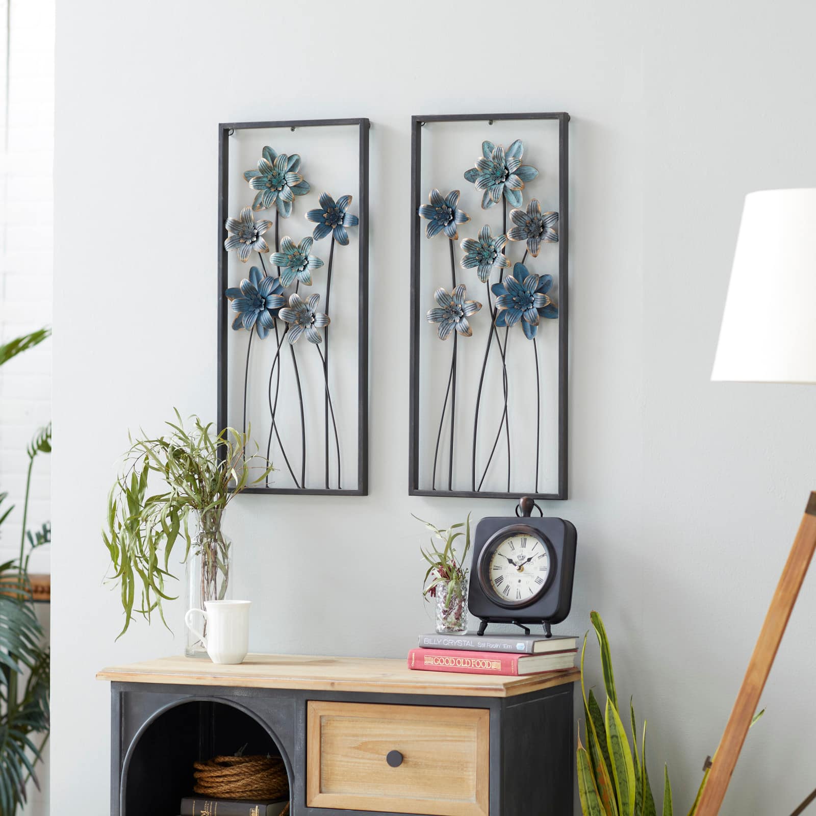 Blue & Gray Framed Floral Metal Wall Accent, 2ct.