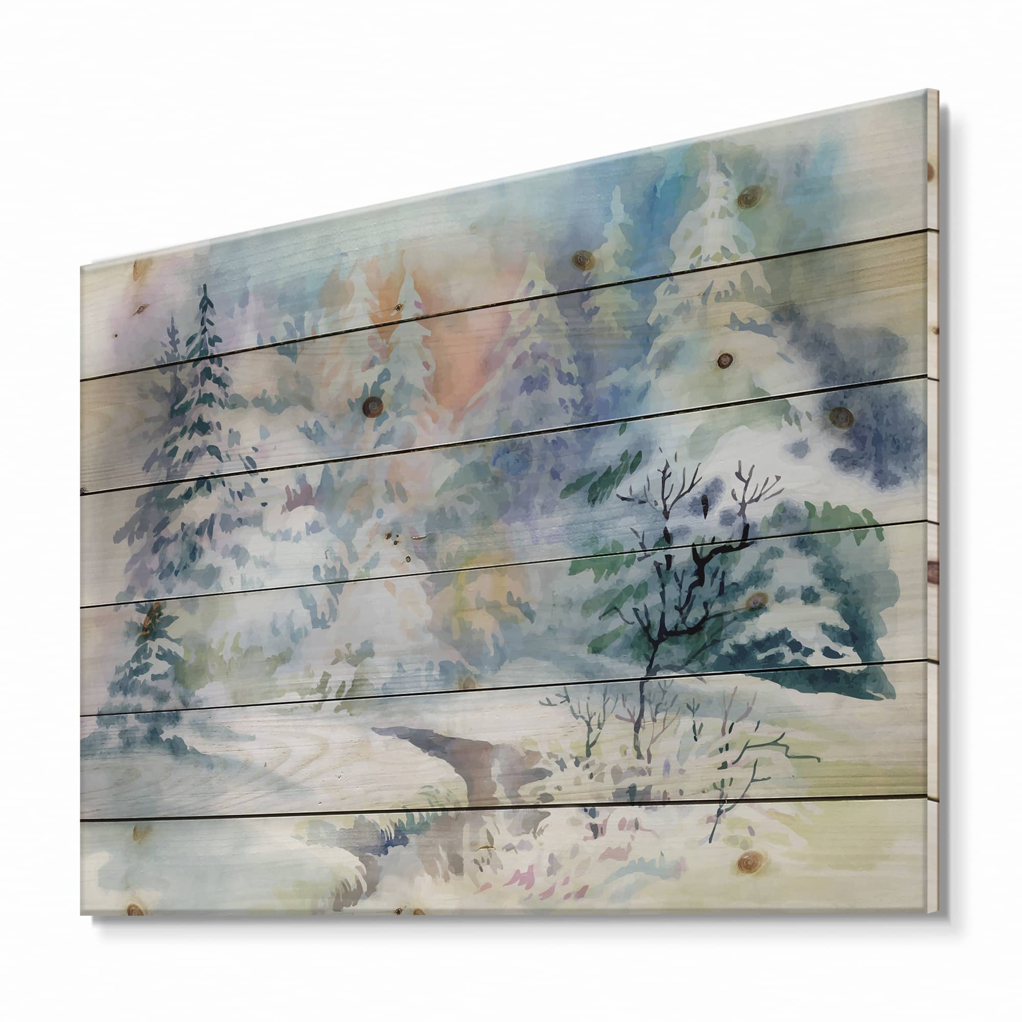 Designart - Winter Landscape With Snowy River I - Traditional Print on Natural Pine Wood