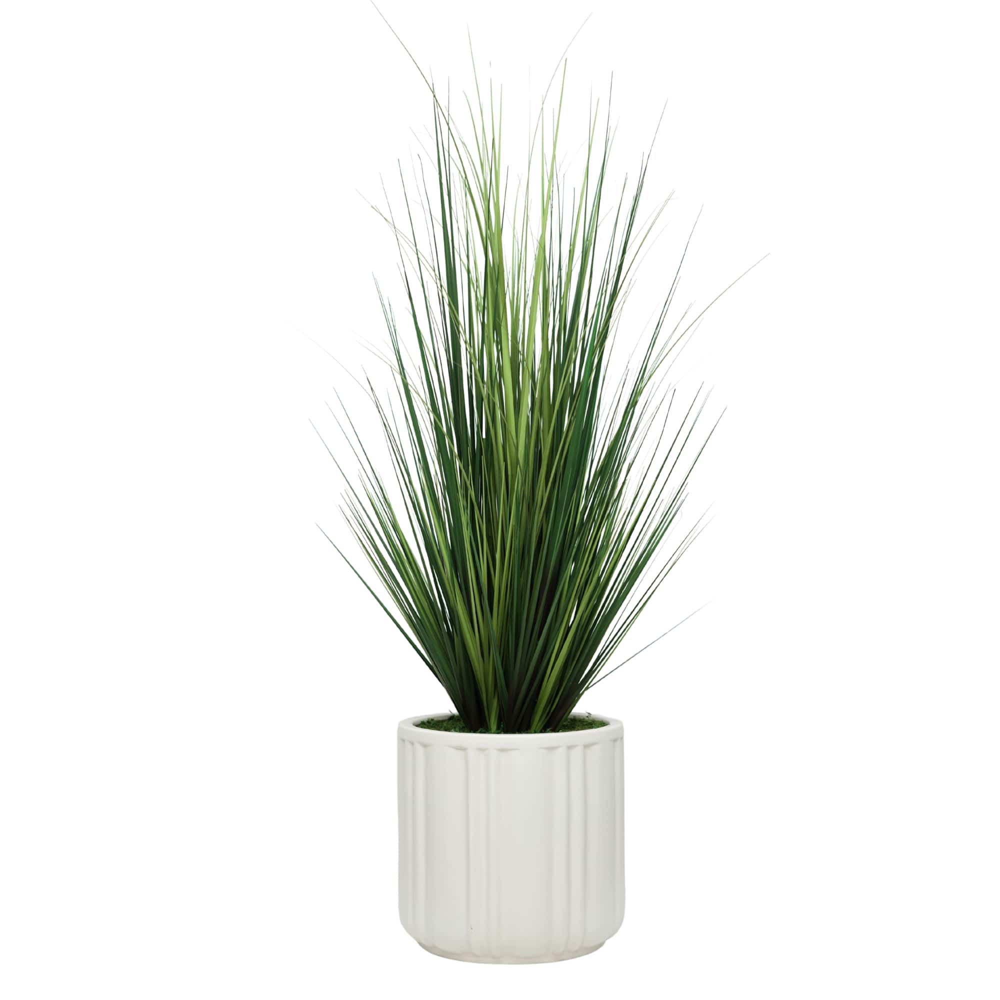 House of Silk Flowers 66" Faux Grass in Matte White Paneled Ceramic Planter