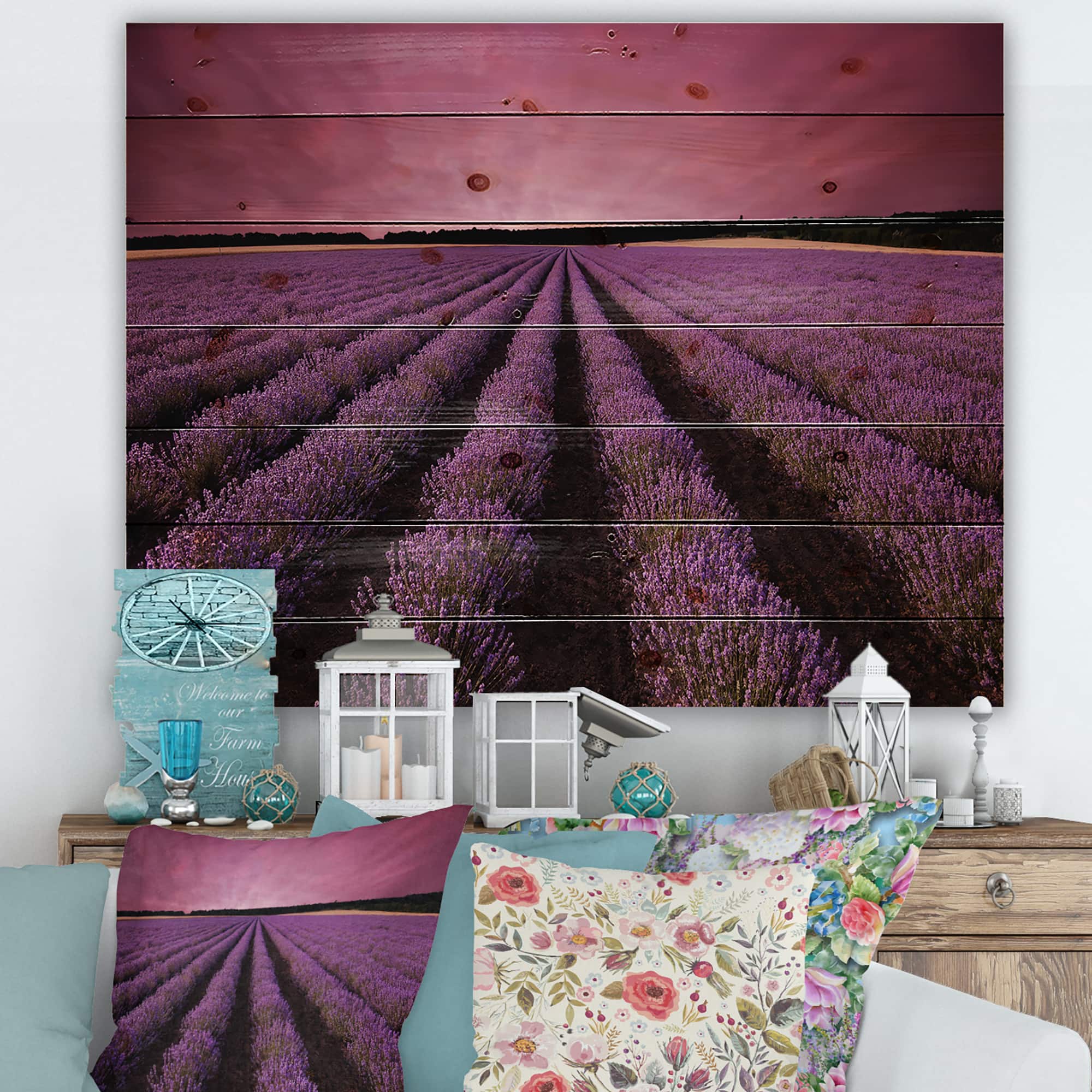Designart - Sunrise & Dramatic Clouds Over Lavender Field XI - Farmhouse Print on Natural Pine Wood