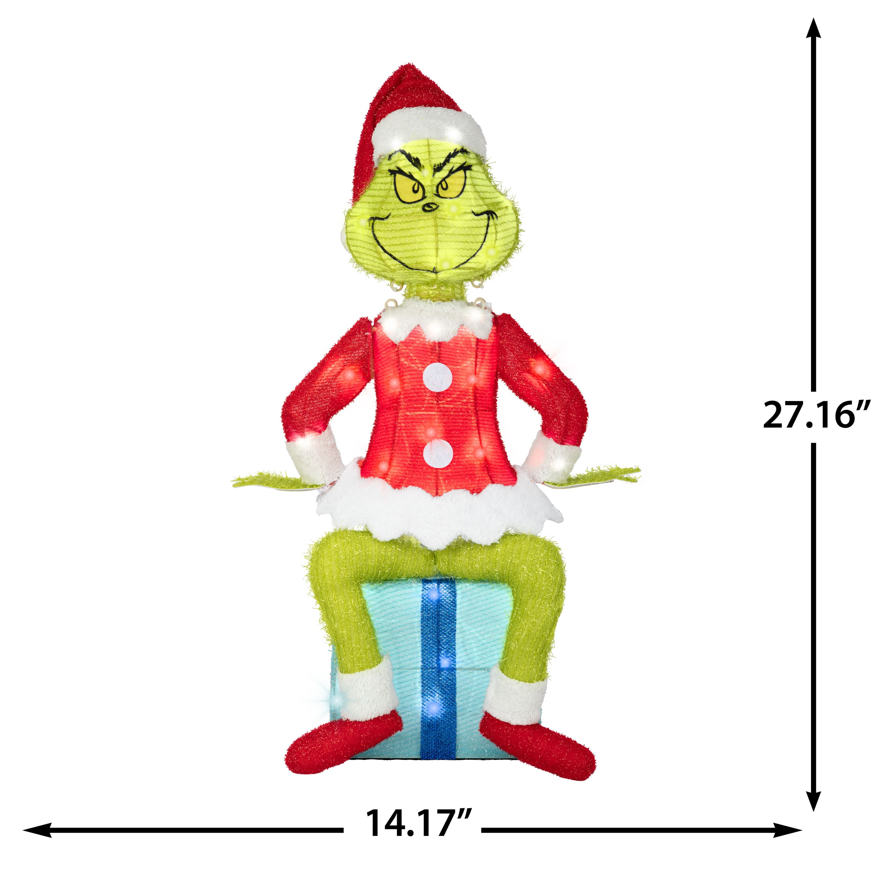 27.25" Dr. Seuss™ The Grinch Sitting on Present 3D Holiday Lighted Tinsel Sculpture Christmas Décor