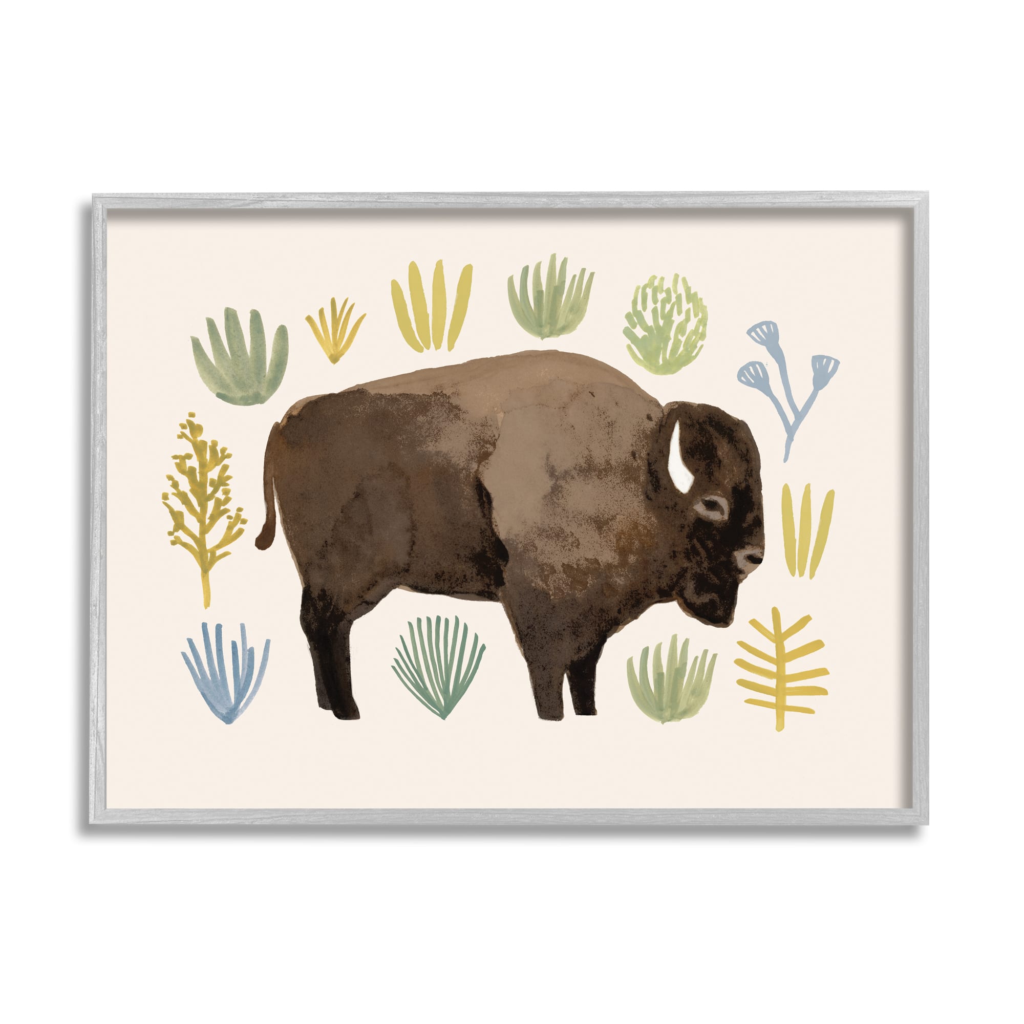 Stupell Industries Terracotta Green Yellow Plants Brown Horned Buffalo in Gray Frame Wall Art