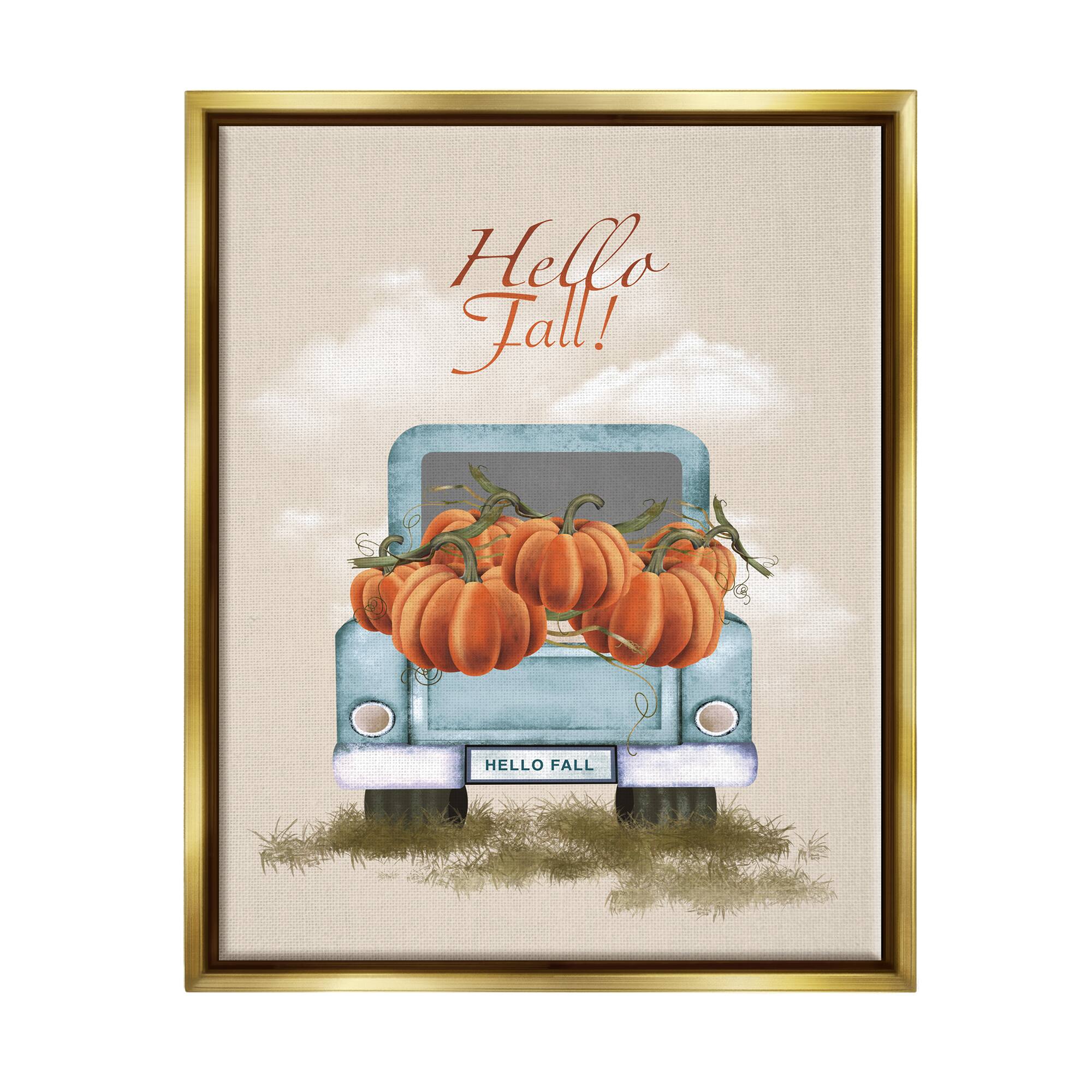 Stupell Industries Hello Fall Seasonal Autumn Pumpkins Framed Floater Canvas Wall Art