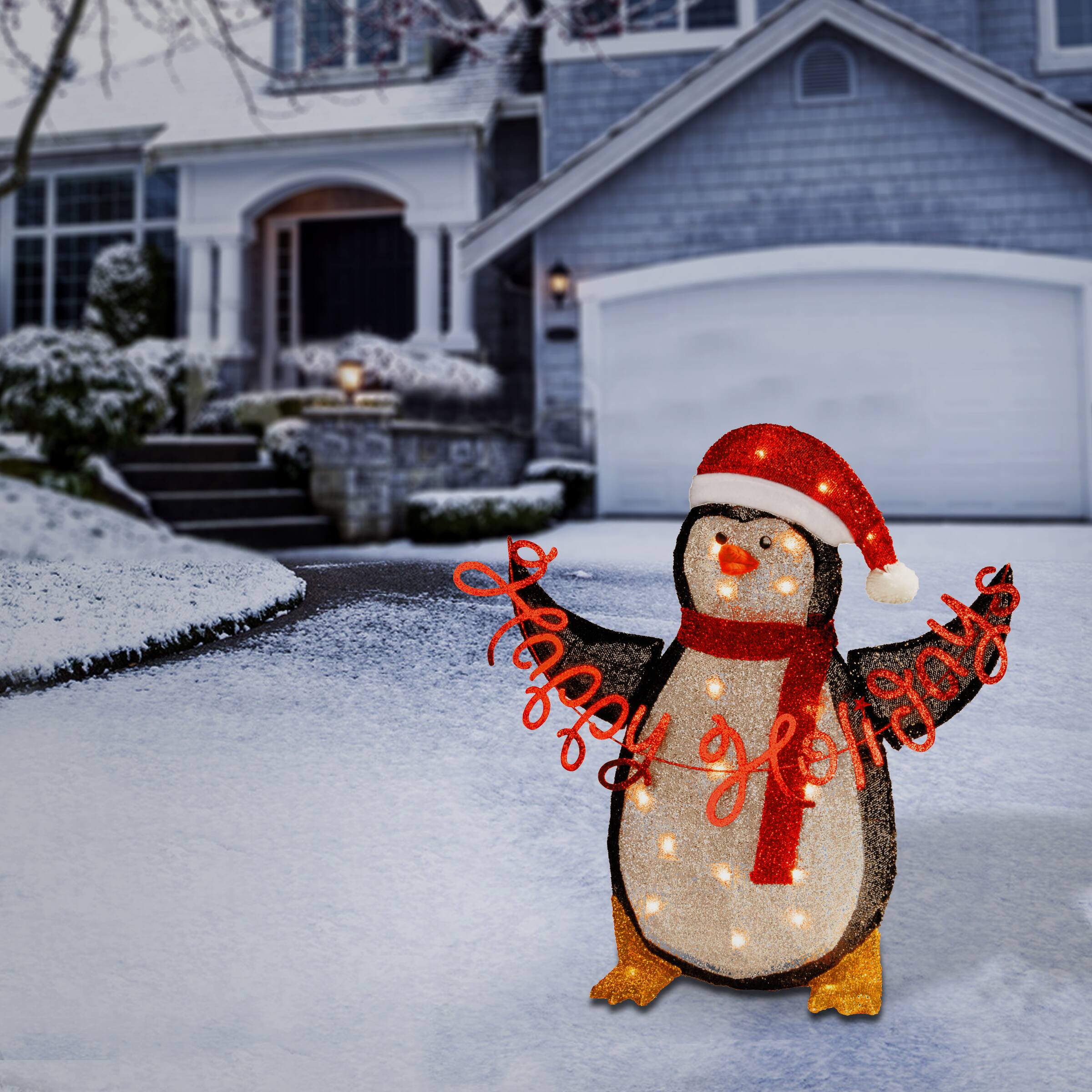 2.5ft. Silver Fabric Tinsel 2D Penguin Holding a Sign "Happy Holidays"