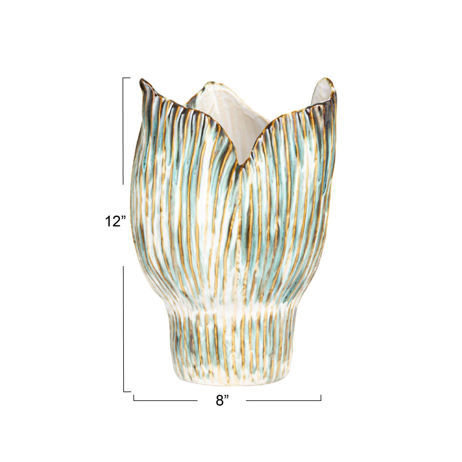 Hello Honey® 12" Green & White Pleated Sculptural Stoneware Vase with Reactive Glaze