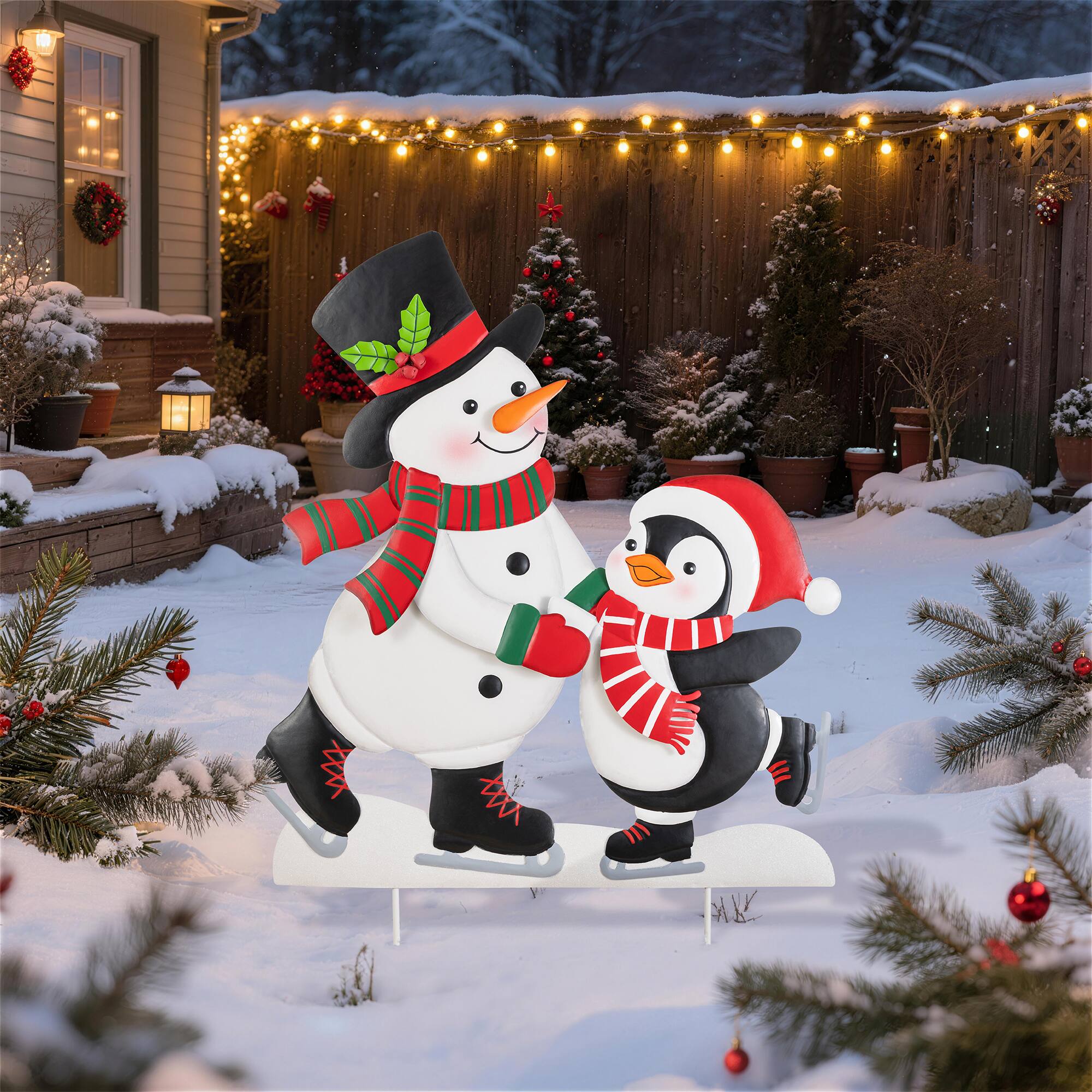 Glitzhome® 32" Christmas Metal Skiing Snowman and Penguin Yard Stake