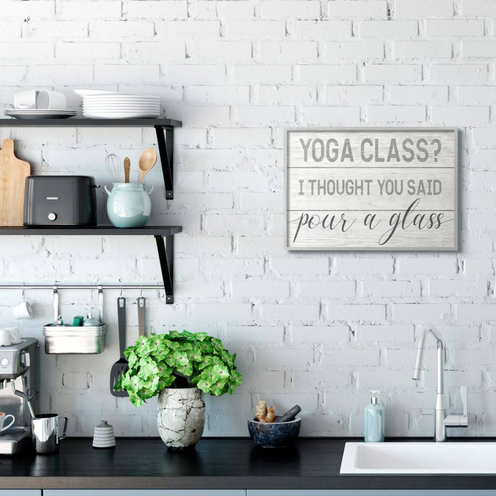 Stupell Industries Yoga Class or Pour A Glass Wall Art in Gray Frame