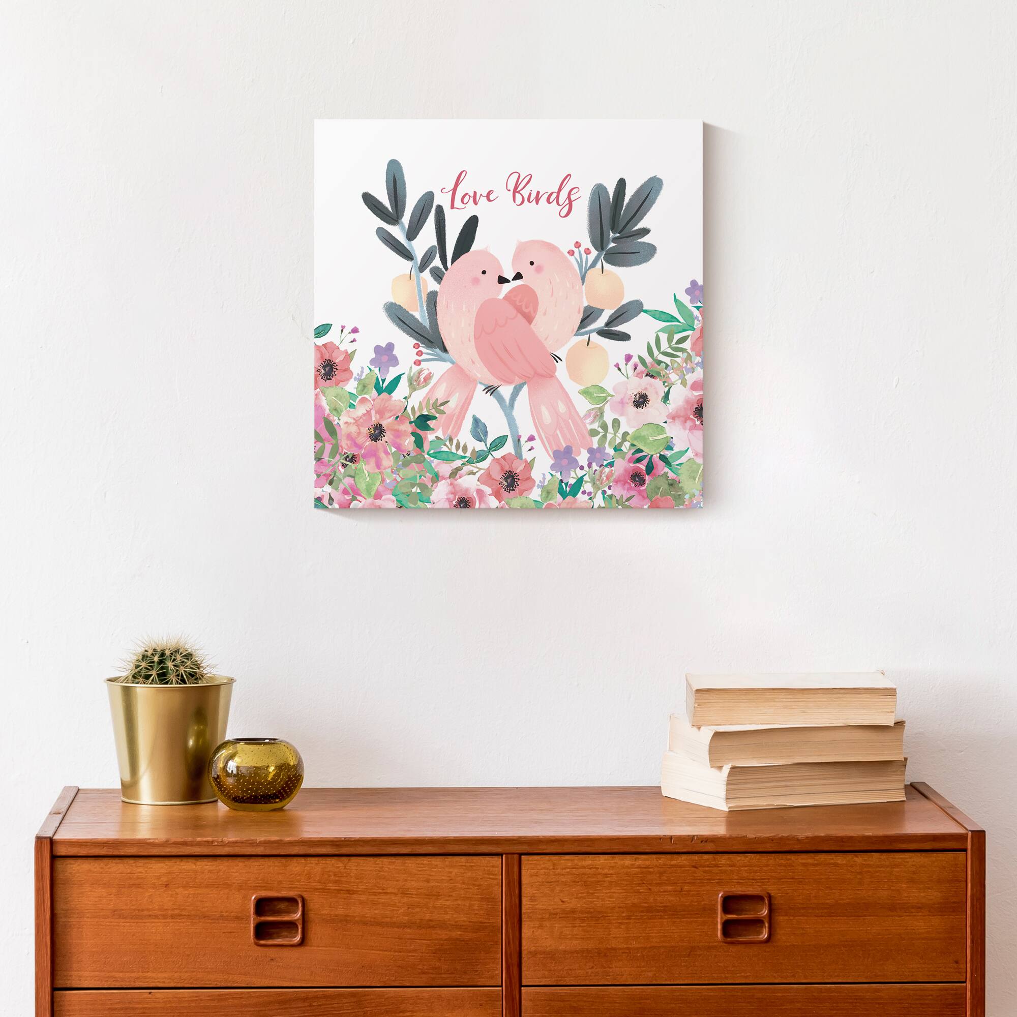 Two Love Birds And Flowers 12" x 12" Canvas Wall Art