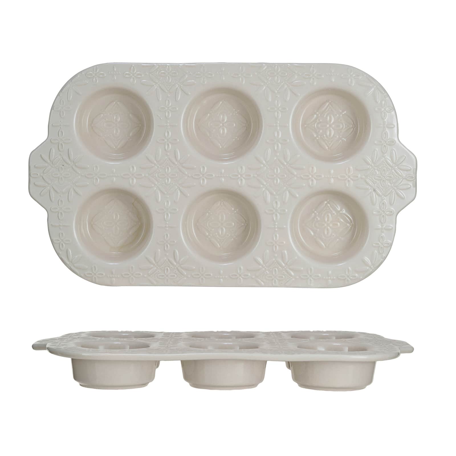 Hello Honey® 14" Cream Embossed 6-Muffin Stoneware Pan