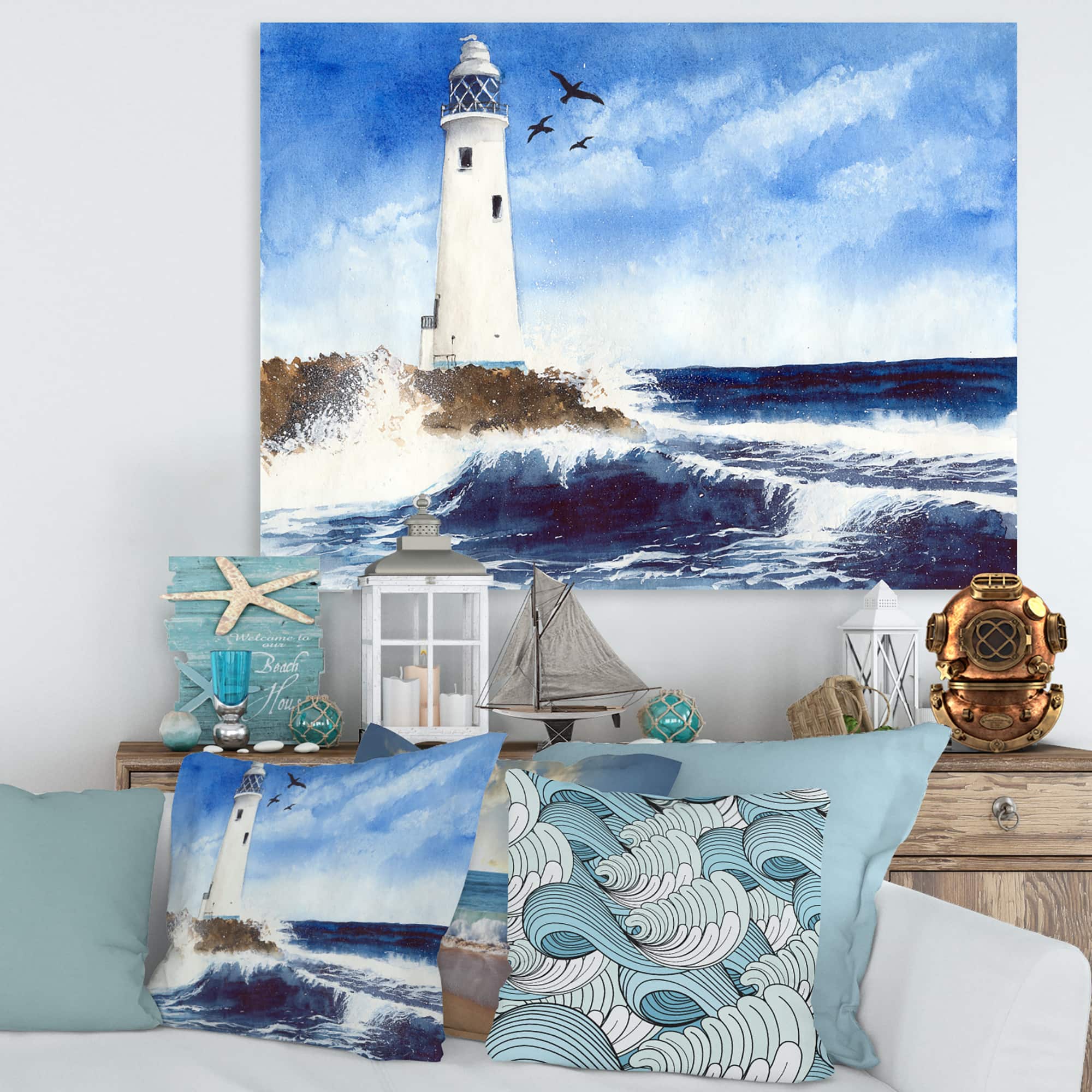 Designart - Lighthouse On The Rocky Island With Seagulls - Nautical & Coastal Canvas Wall Art Print