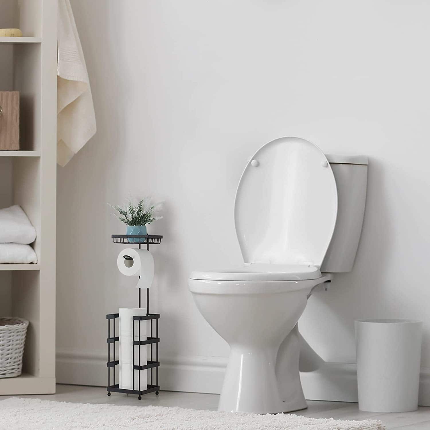 Black Freestanding Toilet Paper Holder with Basket