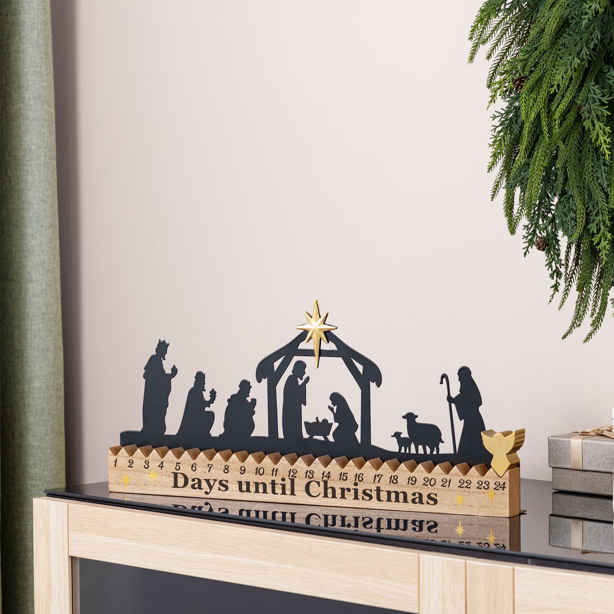 Glitzhome® 18" Christmas Wooden & Metal Nativity Advent Calendar Decor