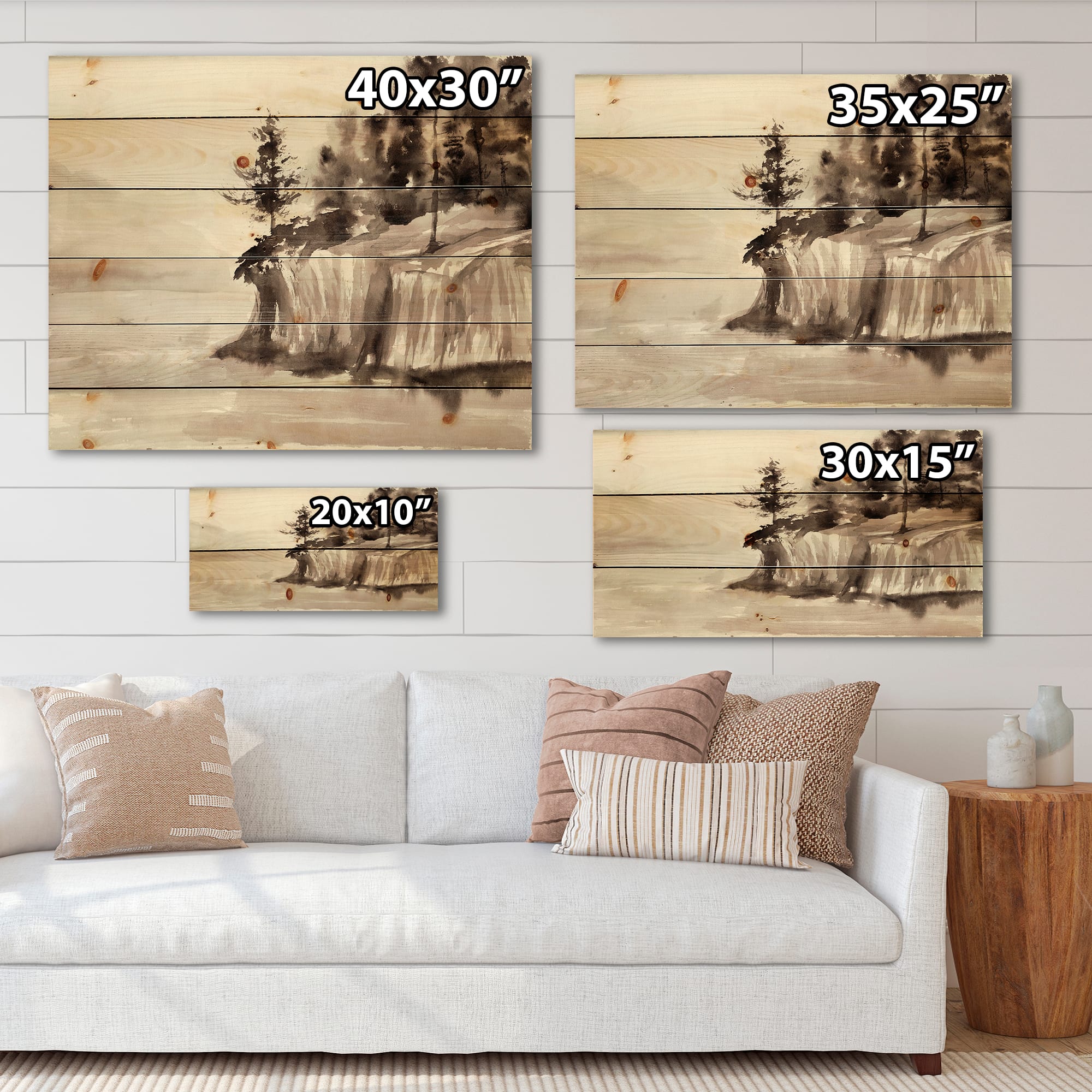 Designart - Monochrome Cliffs By The Lake - Nautical & Coastal Print on Natural Pine Wood