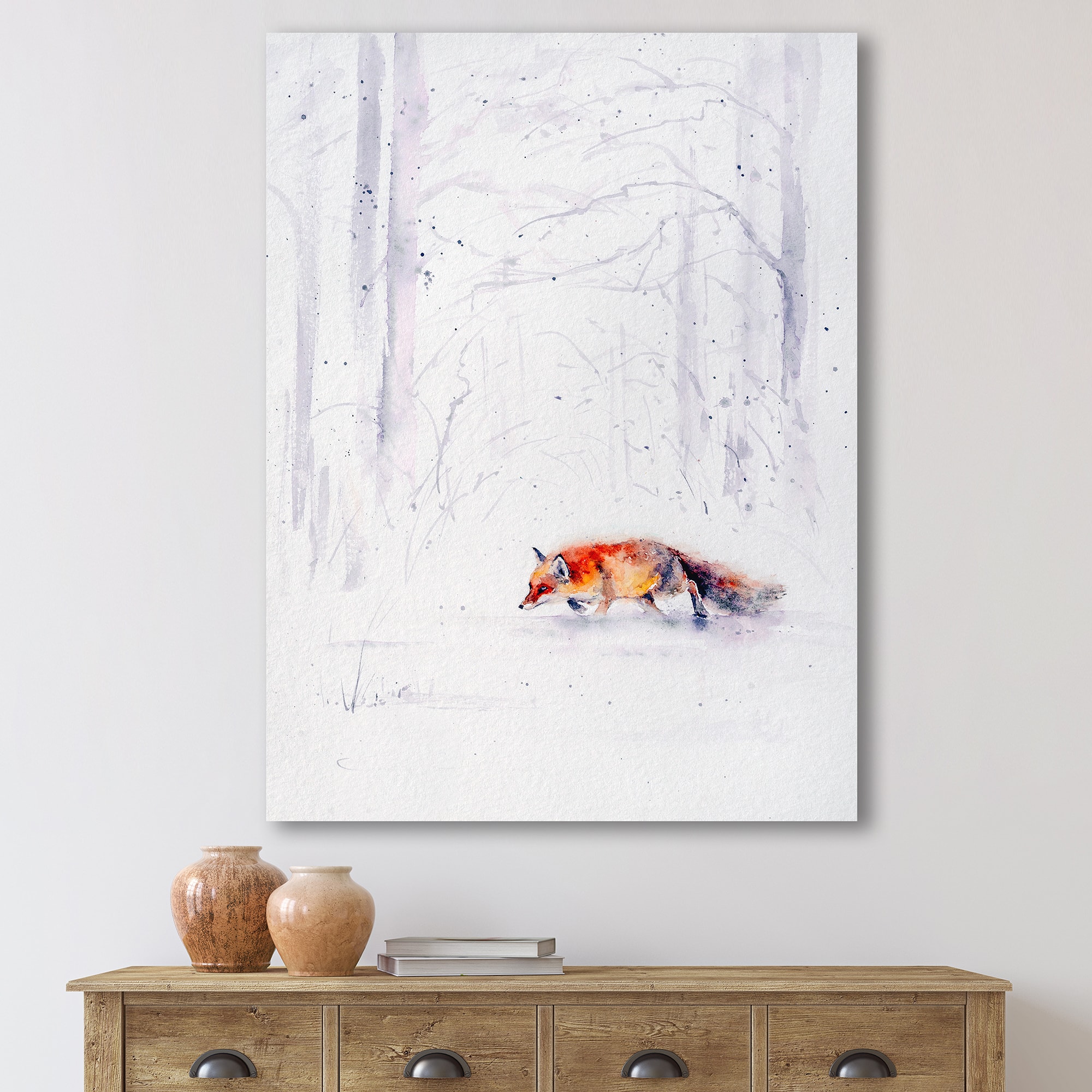 Designart - Red Fox Running In White Snow II - Farmhouse Canvas Wall Art Print