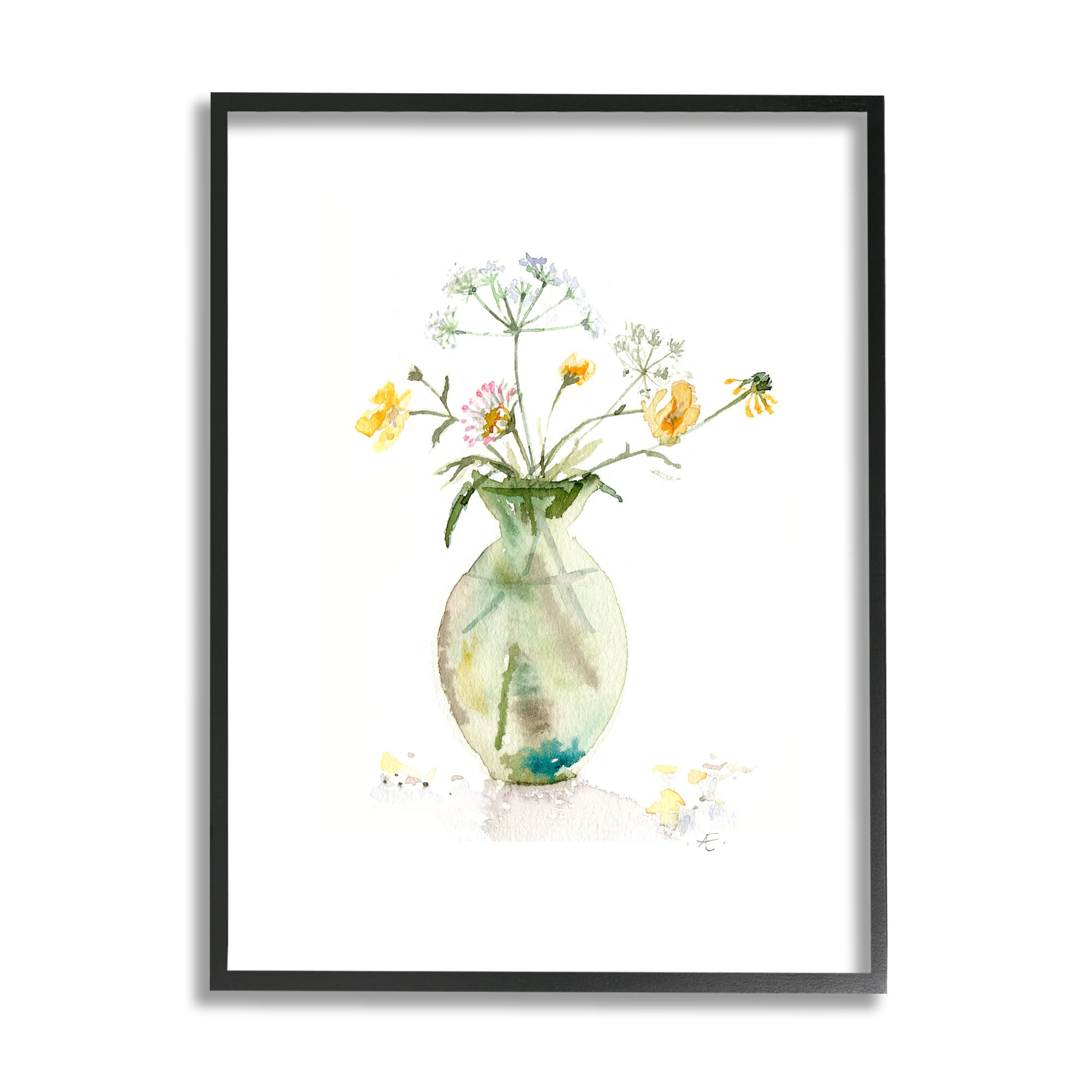 Stupell Industries Buttercups Daisies Green Vase Watercolor Floral Still Life Framed Wall Art