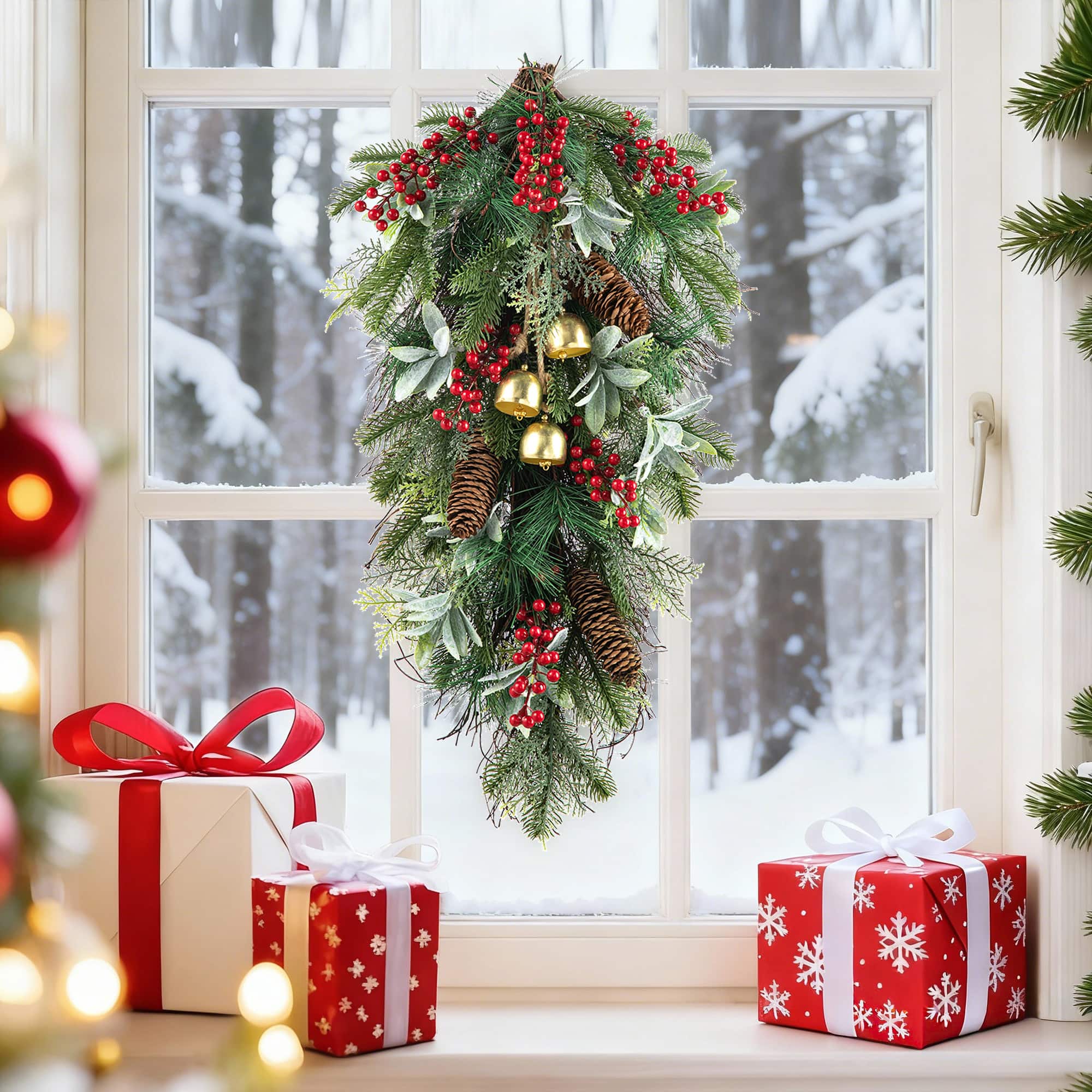 Glitzhome® 26" Christmas Berry, Pinecone and Bell Teardrop, Set of 2