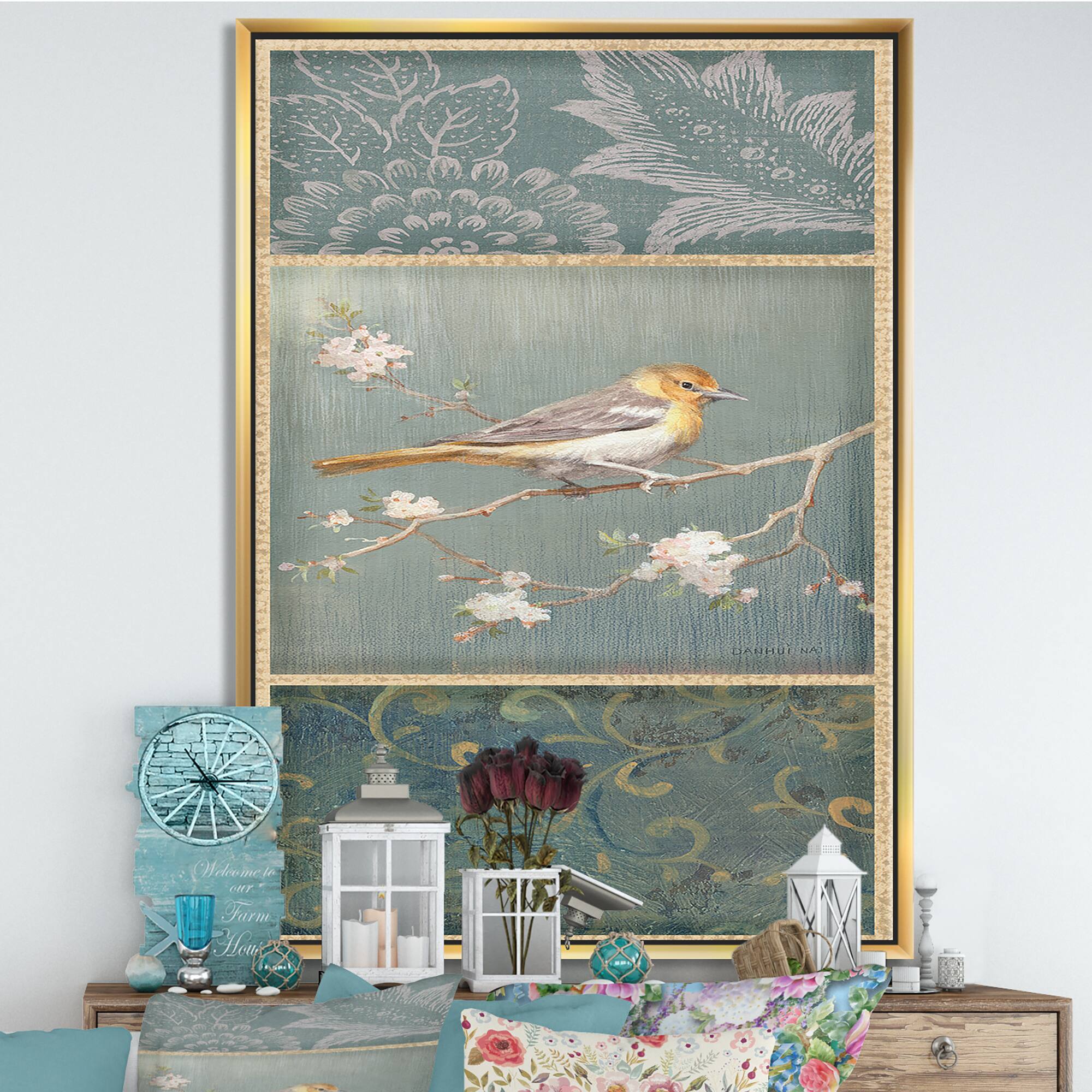 Designart - Farmhouse Triptych of Blue Ornaments And Oriole