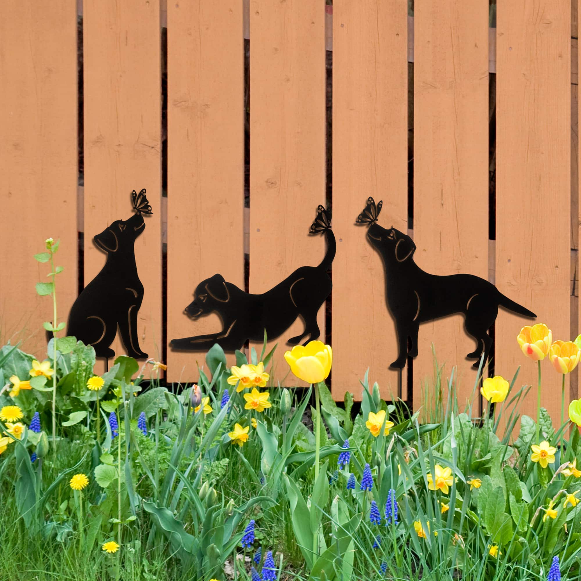 Glitzhome® 20" 2-in-1 Set of 3 Painted Metal Dog Silhouette Garden Picks & Wall Decor