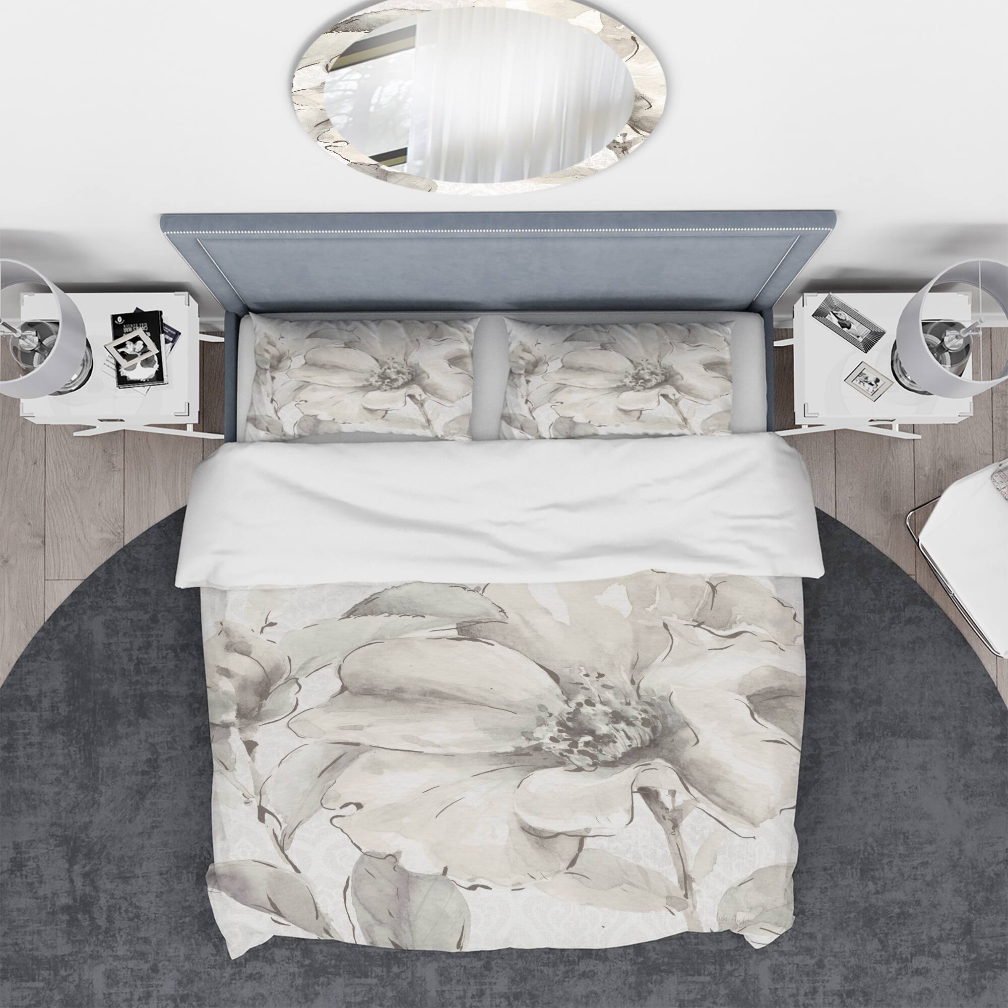 Designart 'Indigold Grey Peonies IV' Cottage Bedding Set - Duvet Cover & Shams