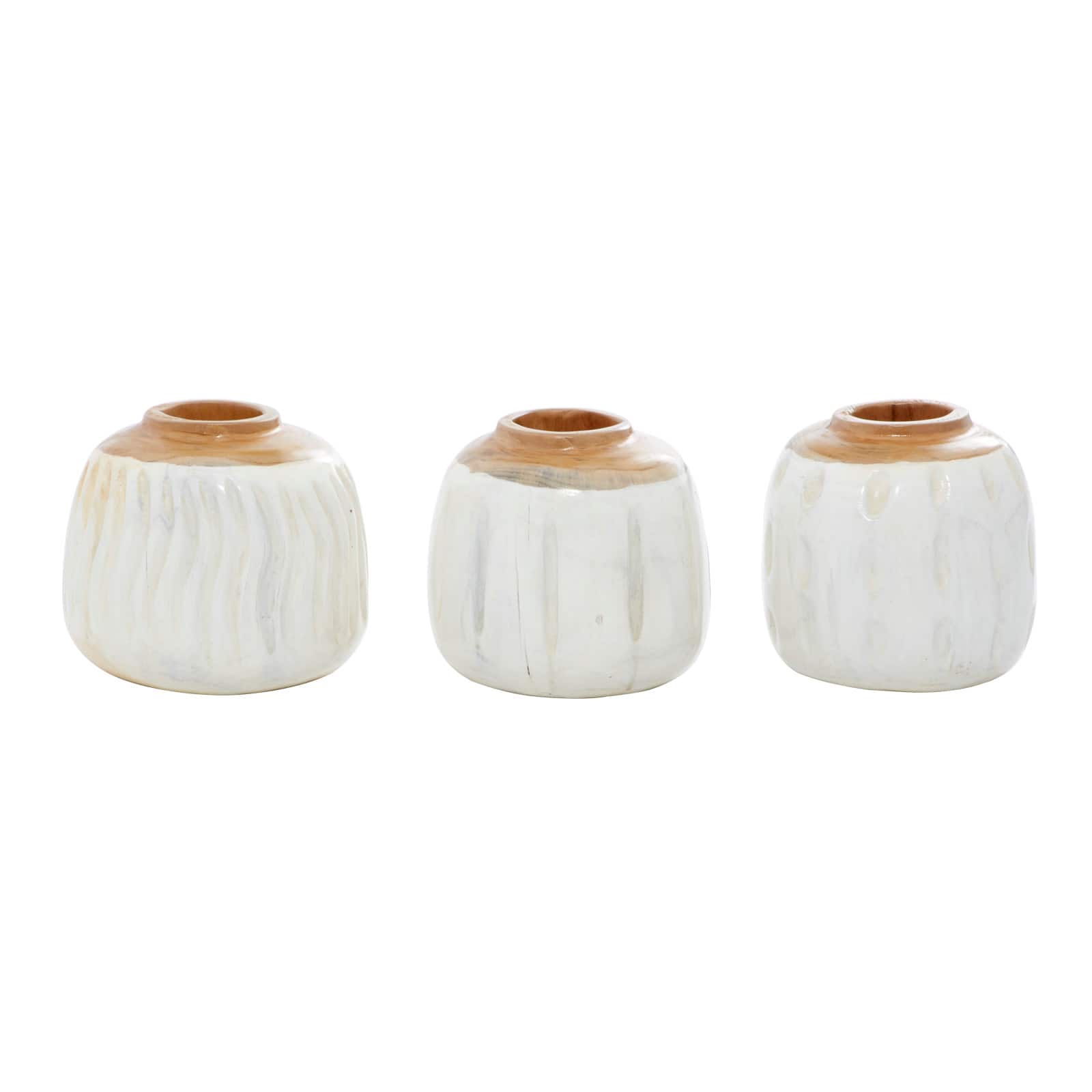 Set of 3 White Teak Wood Coastal Style Vase 6", 7"