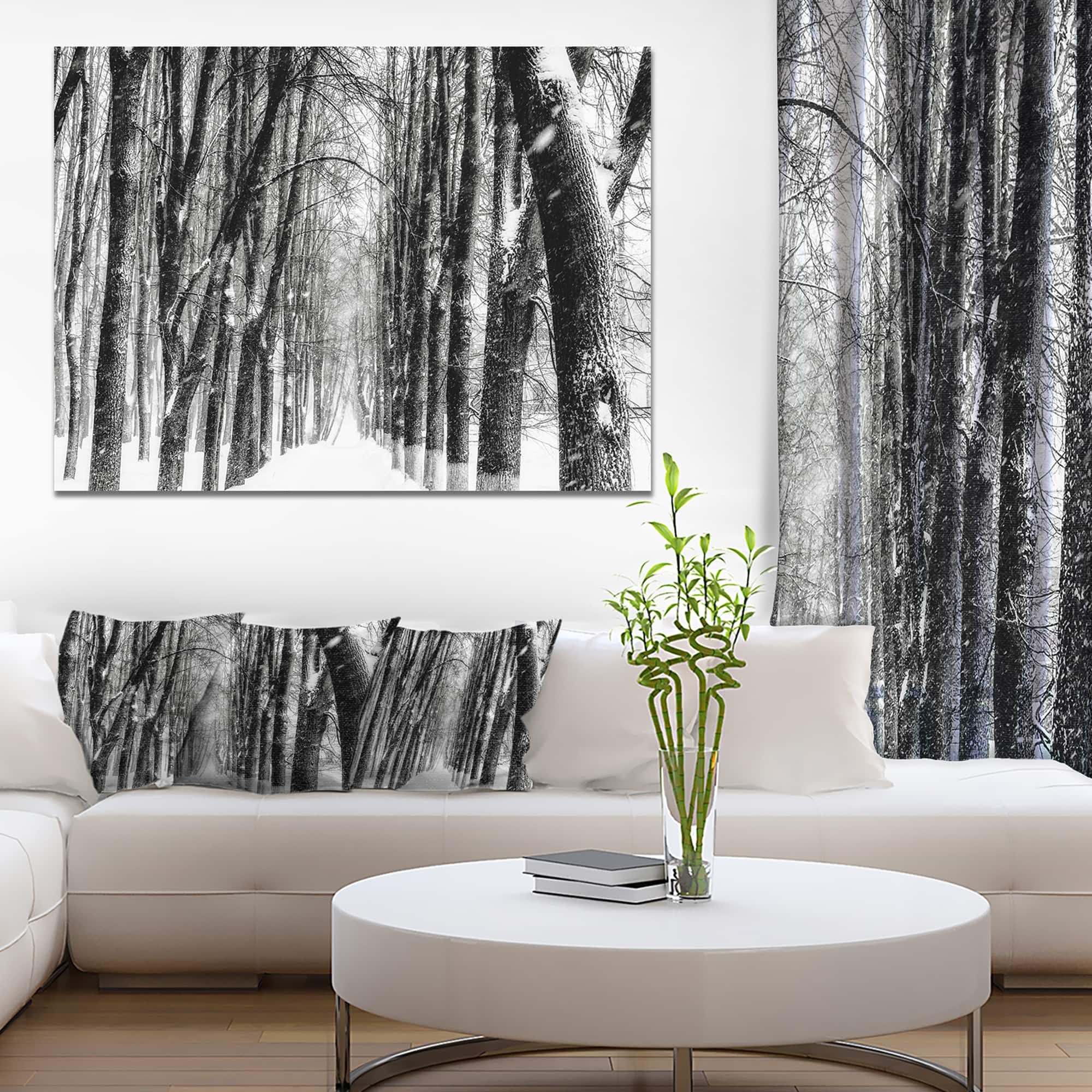 Designart - Snowy Forest Black and White - Modern Forest Canvas Art