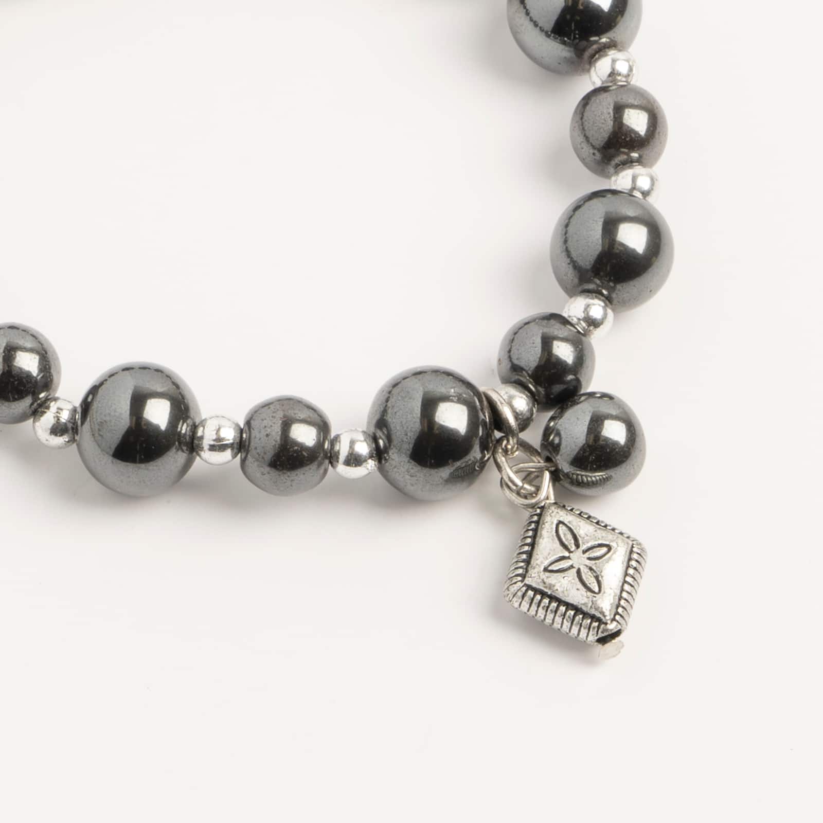 John Bead Hematite Gray Natural Stone Bracelet with Rhombus Charm