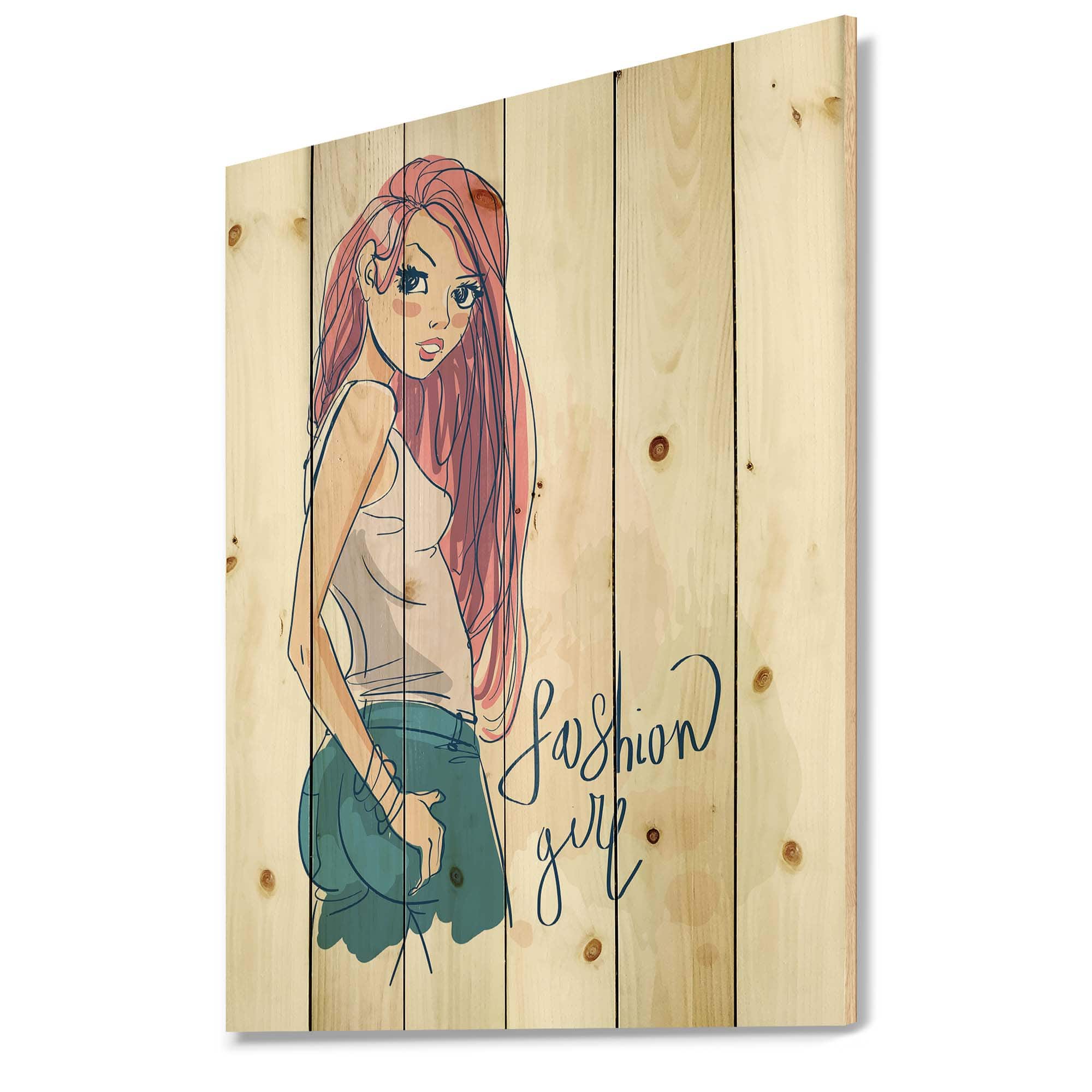 Designart - Trendy Fashion Girl I - Children's Art Print on Natural Pine Wood