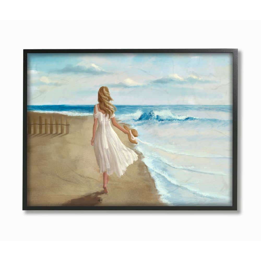 Stupell Industries Walk On The Beach Blue Ocean Painting in Black Frame Wall Art