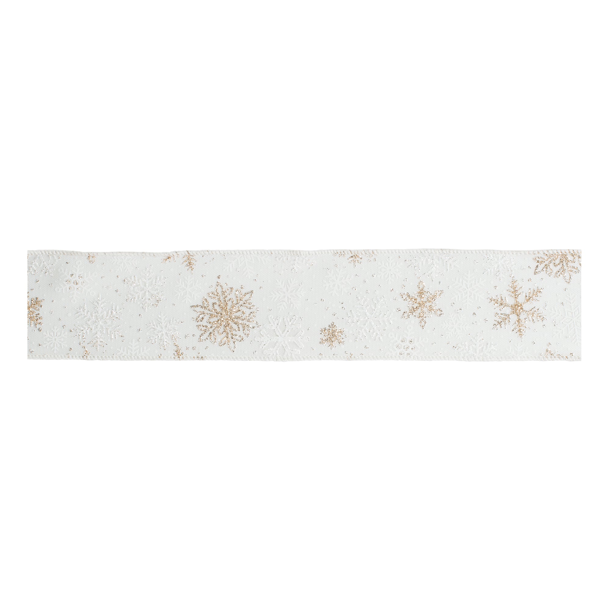 Melrose 2.5" x 10yd. White & Gold Snowflake Wired Ribbon