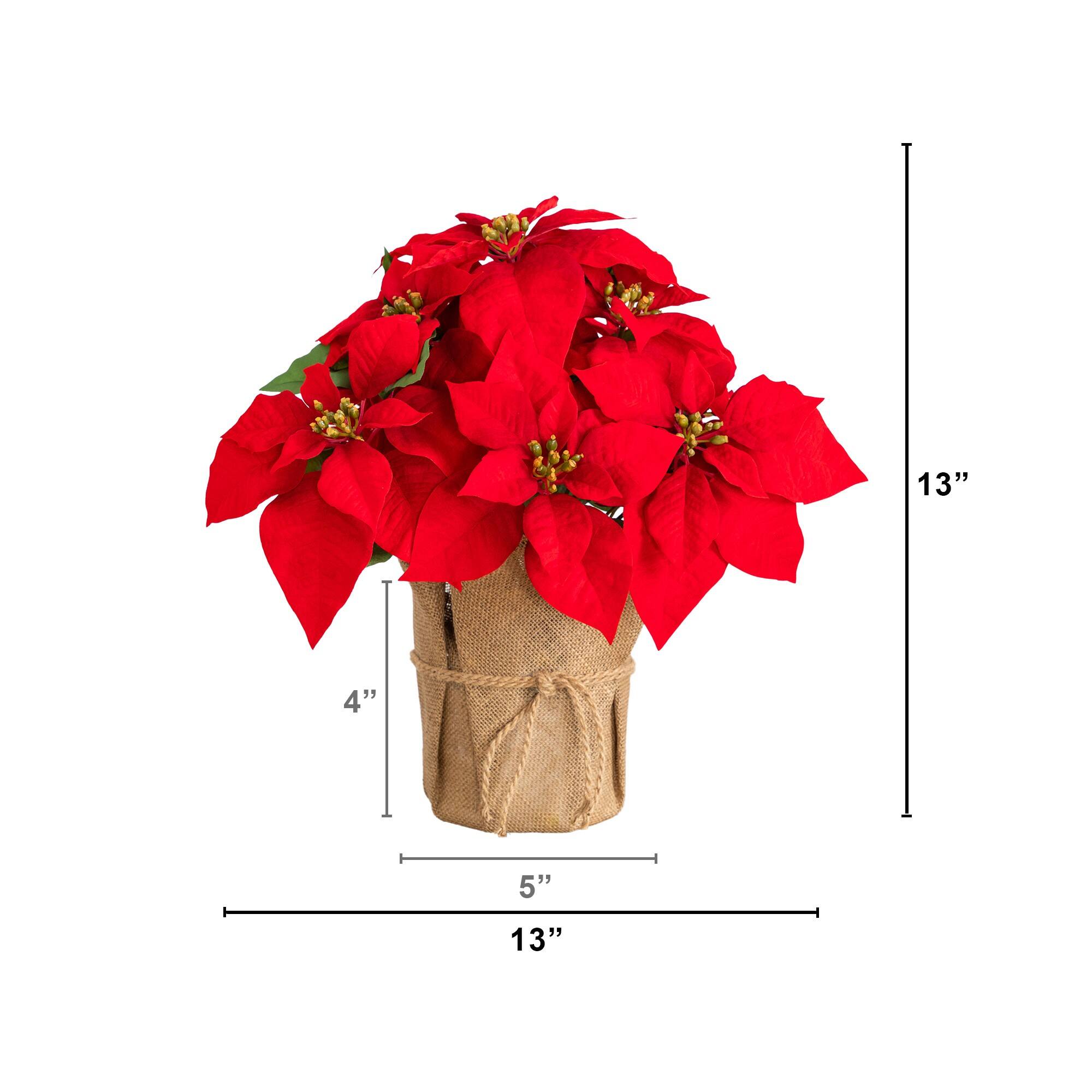 Nearly Natural 13" Artificial Red Velvet Poinsettia Arrangement in Burlap Planter