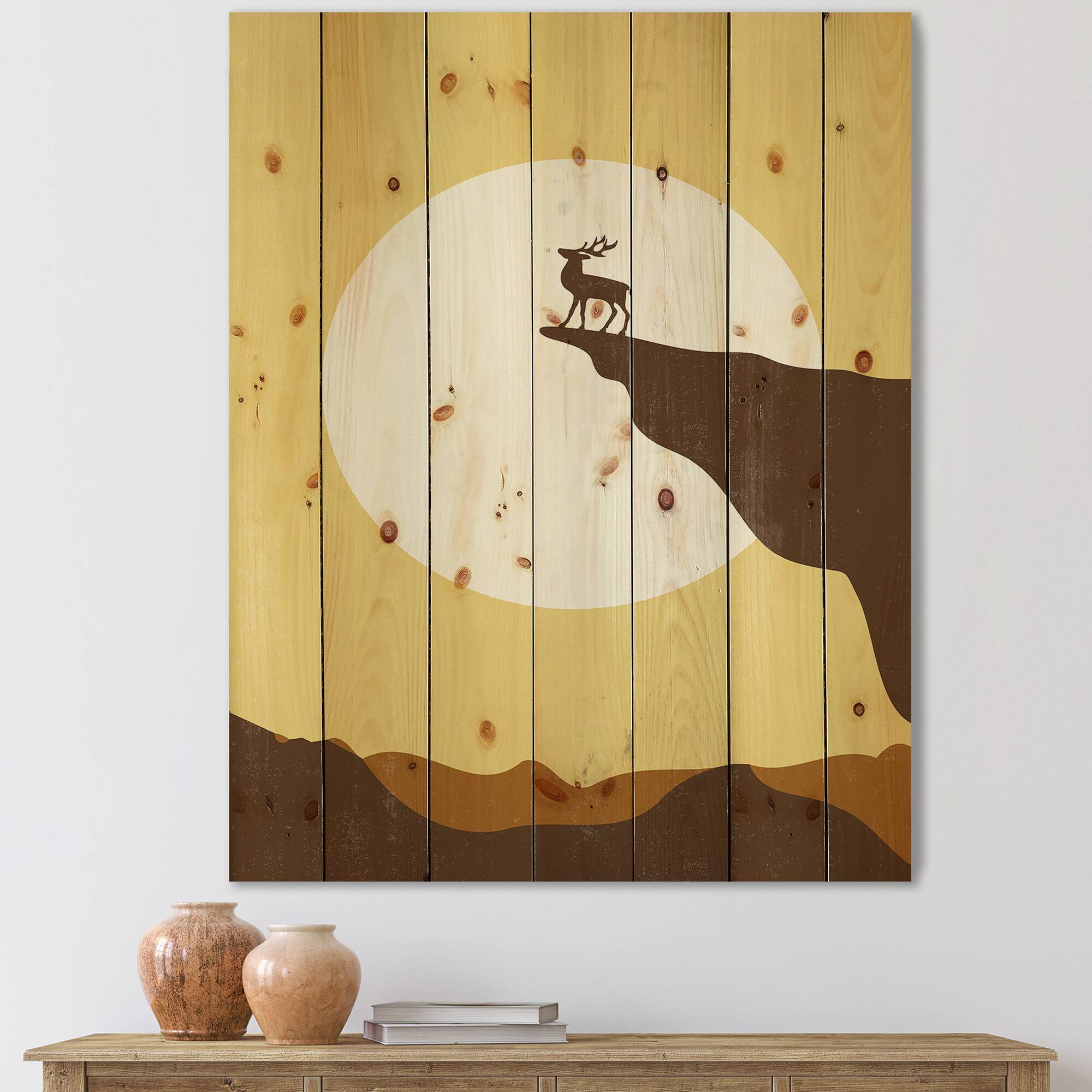 Designart - Minimalistic Deer At Sunset On Mountain Top Sunset - Lake House Print on Natural Pine Wood