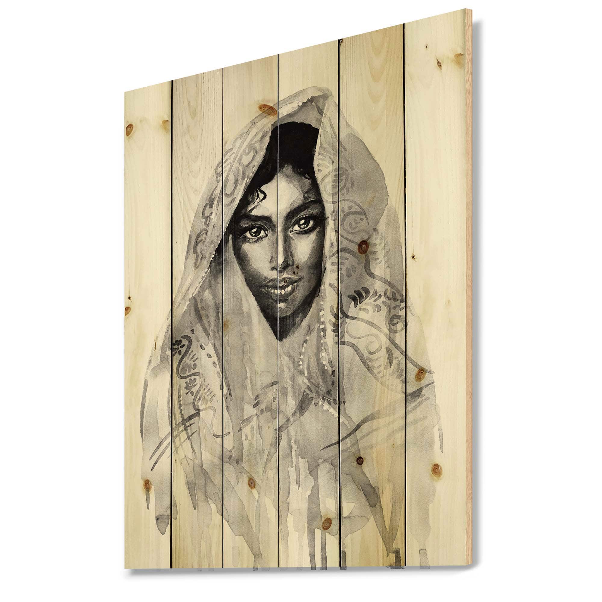 Designart - Monochrome Portrait of Young Indian Woman I - Modern Print on Natural Pine Wood
