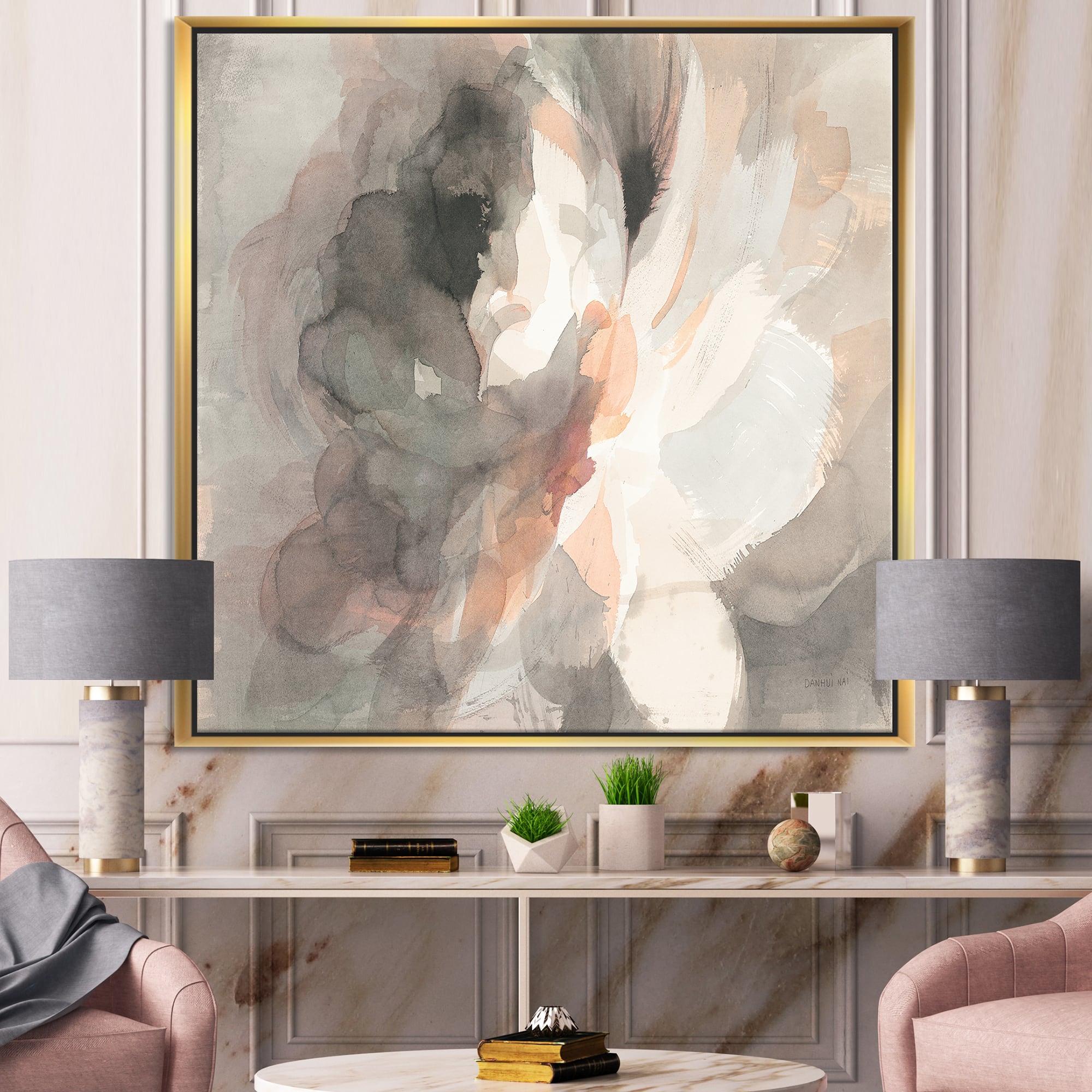 Designart - Abstract Peony Grey - Pink Modern Canvas in Gold Frame