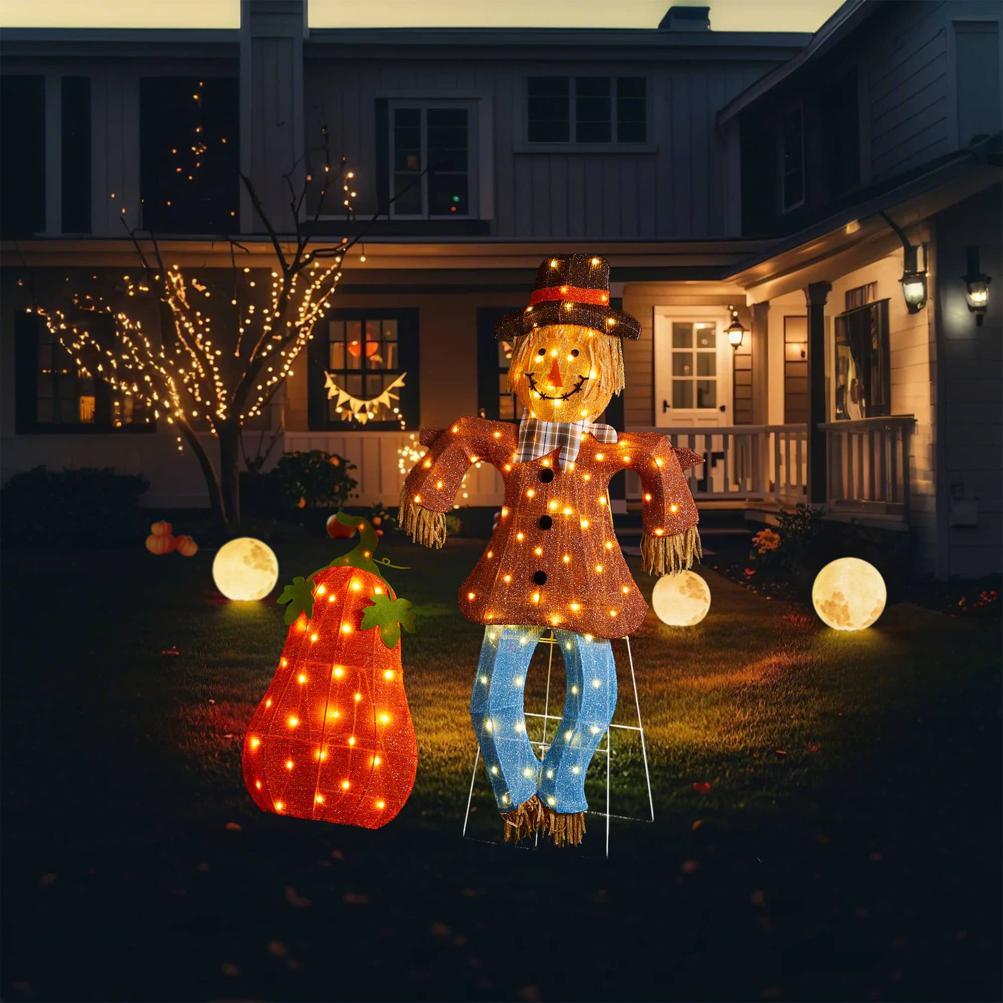 Glitzhome® Lighted Fall Scarecrow & Pumpkin Outdoor Decor with Warm White LED Lights Set