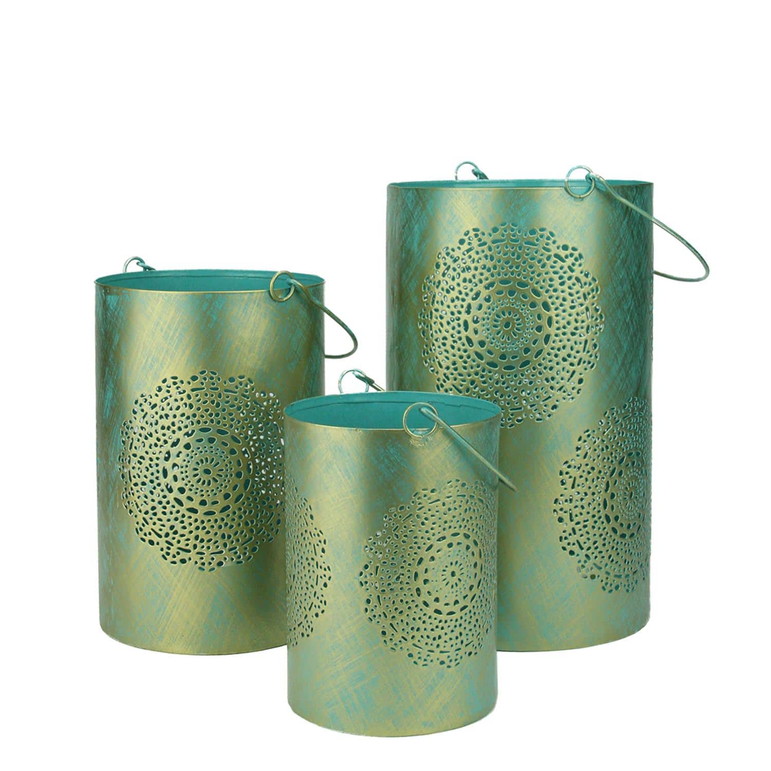 Set of 3 Turquoise Blue and Gold Decorative Floral Cut-Out Pillar Candle Lanterns 10", One Size, Blue