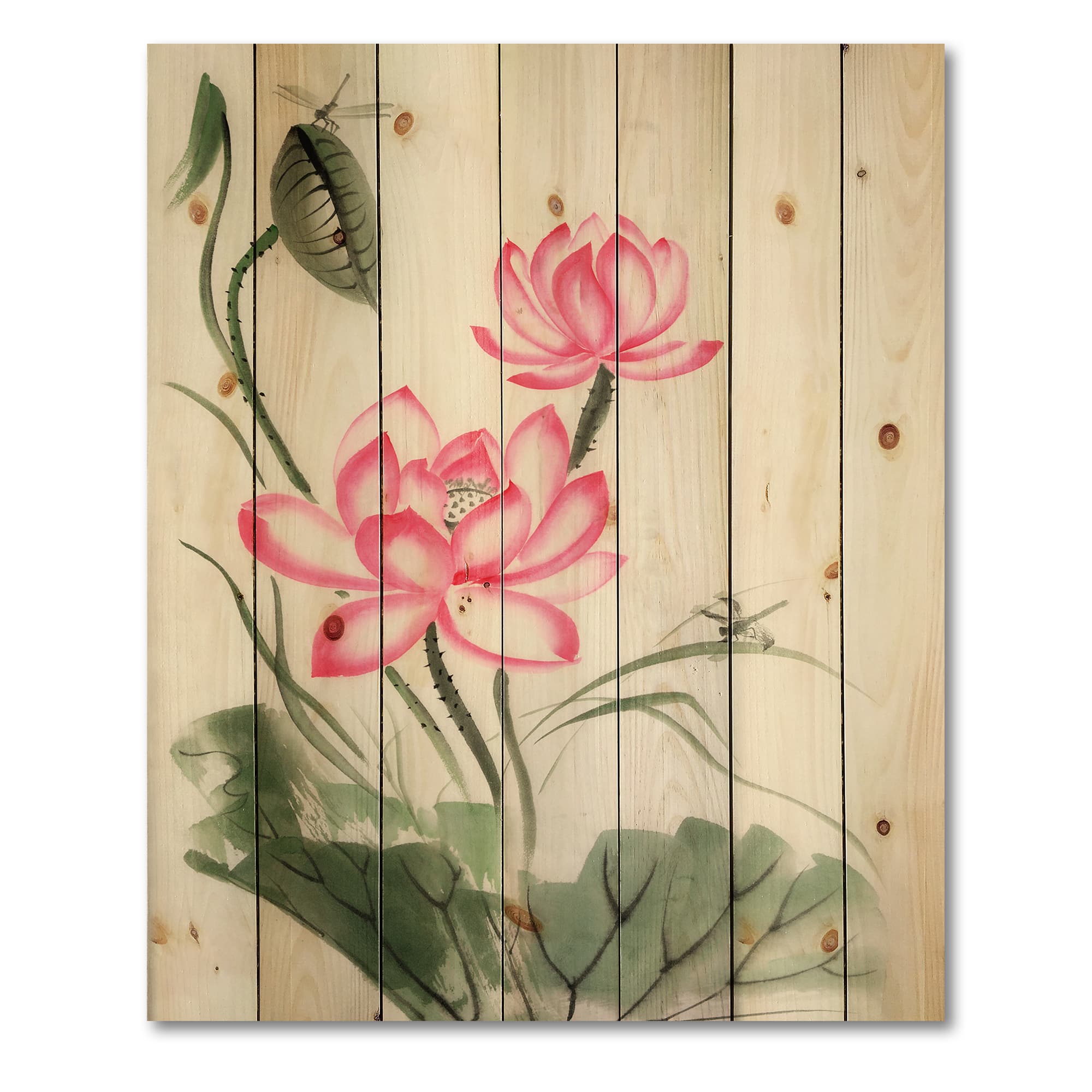Designart - Lotus and The Dragonfly I - Traditional Print on Natural Pine Wood