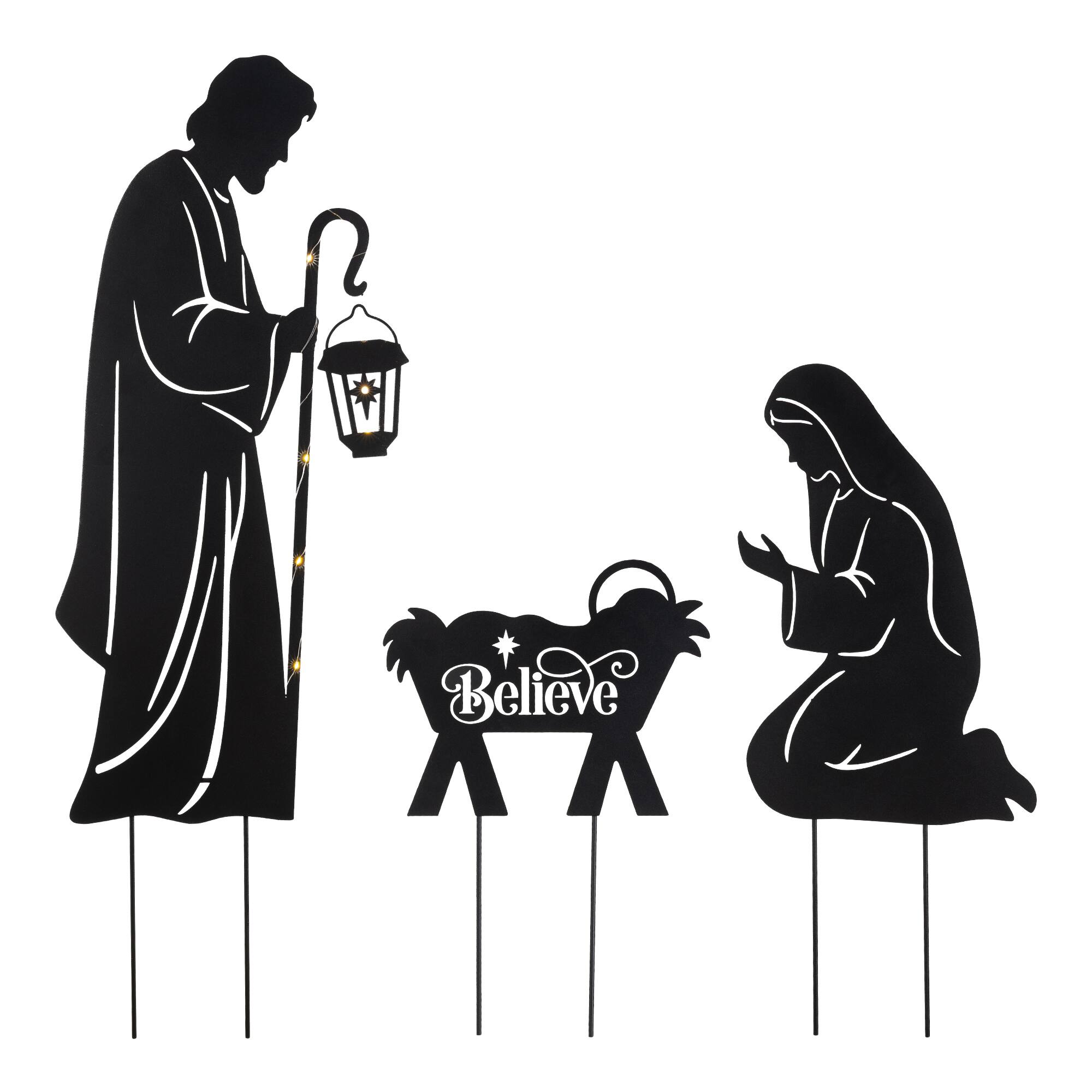 Glitzhome® Set of 3 Christmas Metal Silhouette Holy Family Yard Stake with Timer