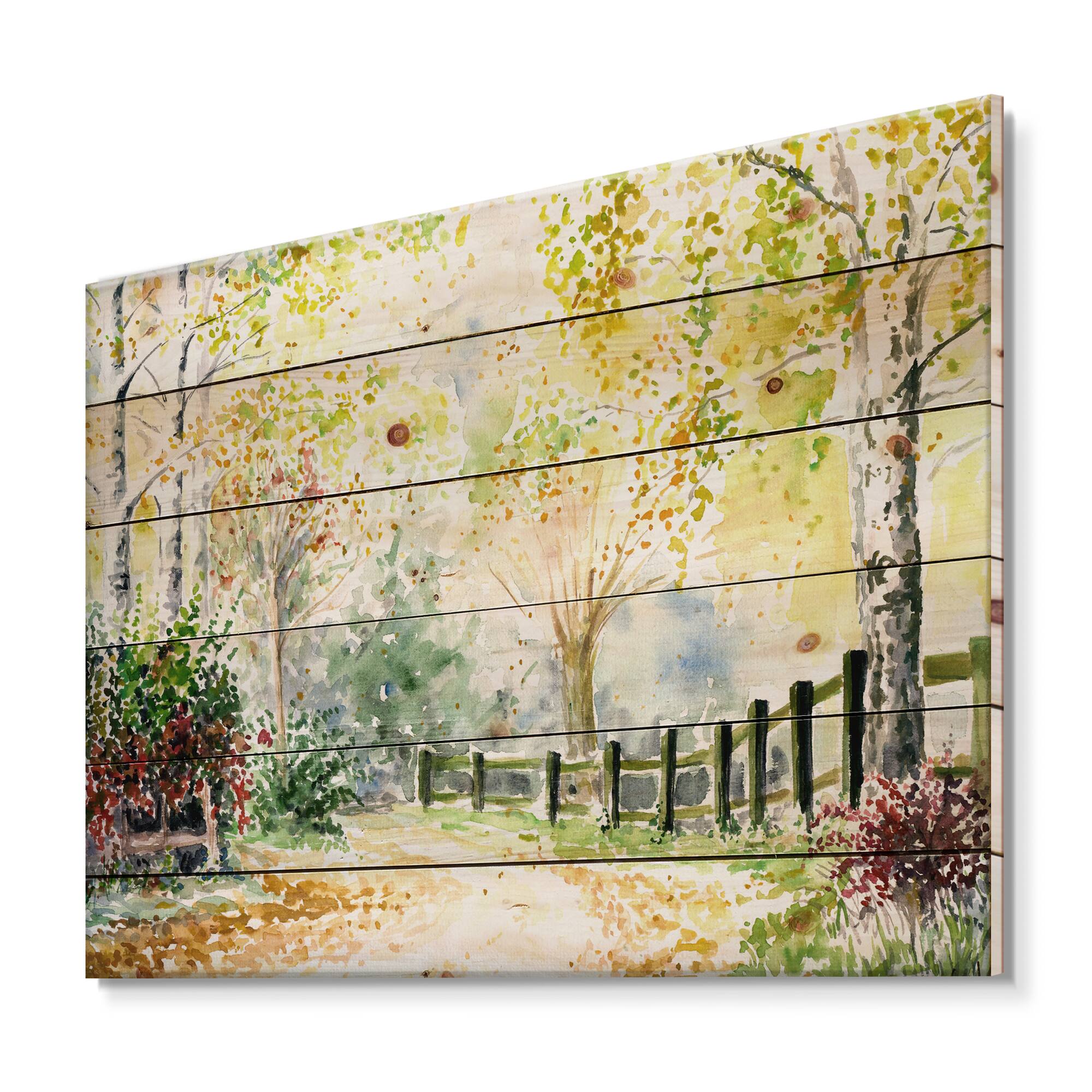 Designart - Autumn Countryside Landscape In The Afternoon - Traditional Print on Natural Pine Wood