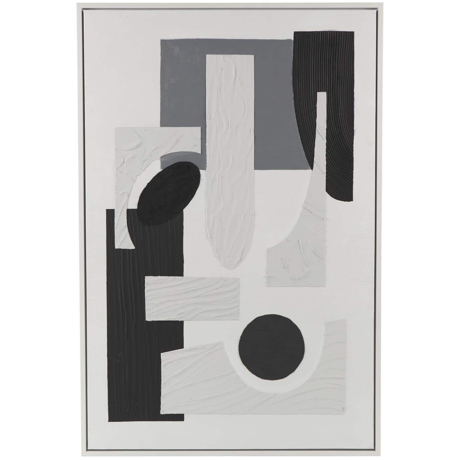 40" x 59" White Abstract Textured Canvas Framed Wall Art with Various Geometric Shapes & Black Accents