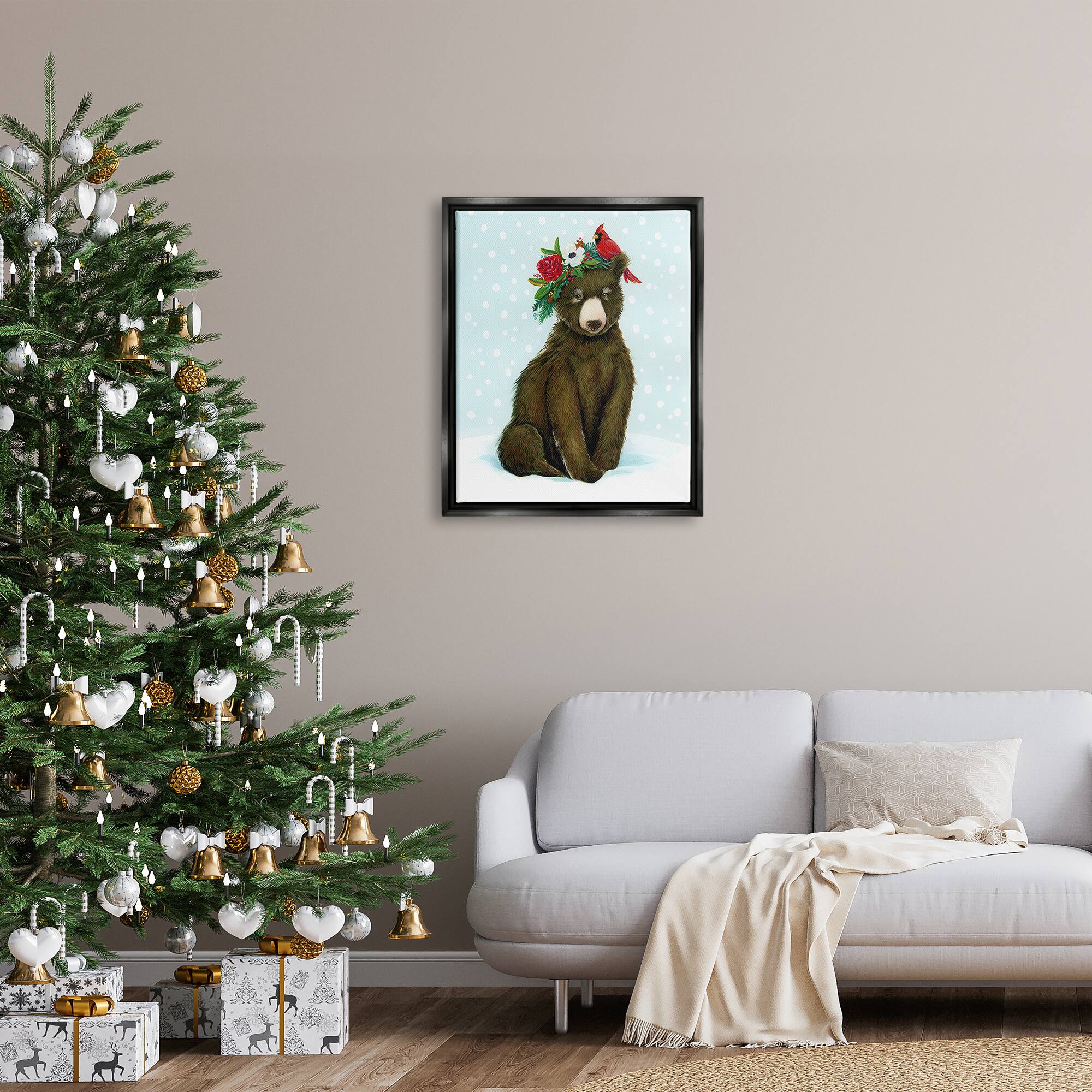 Stupell Industries Bear Seasonal Holly Snow Scene Framed Floater Canvas Wall Art