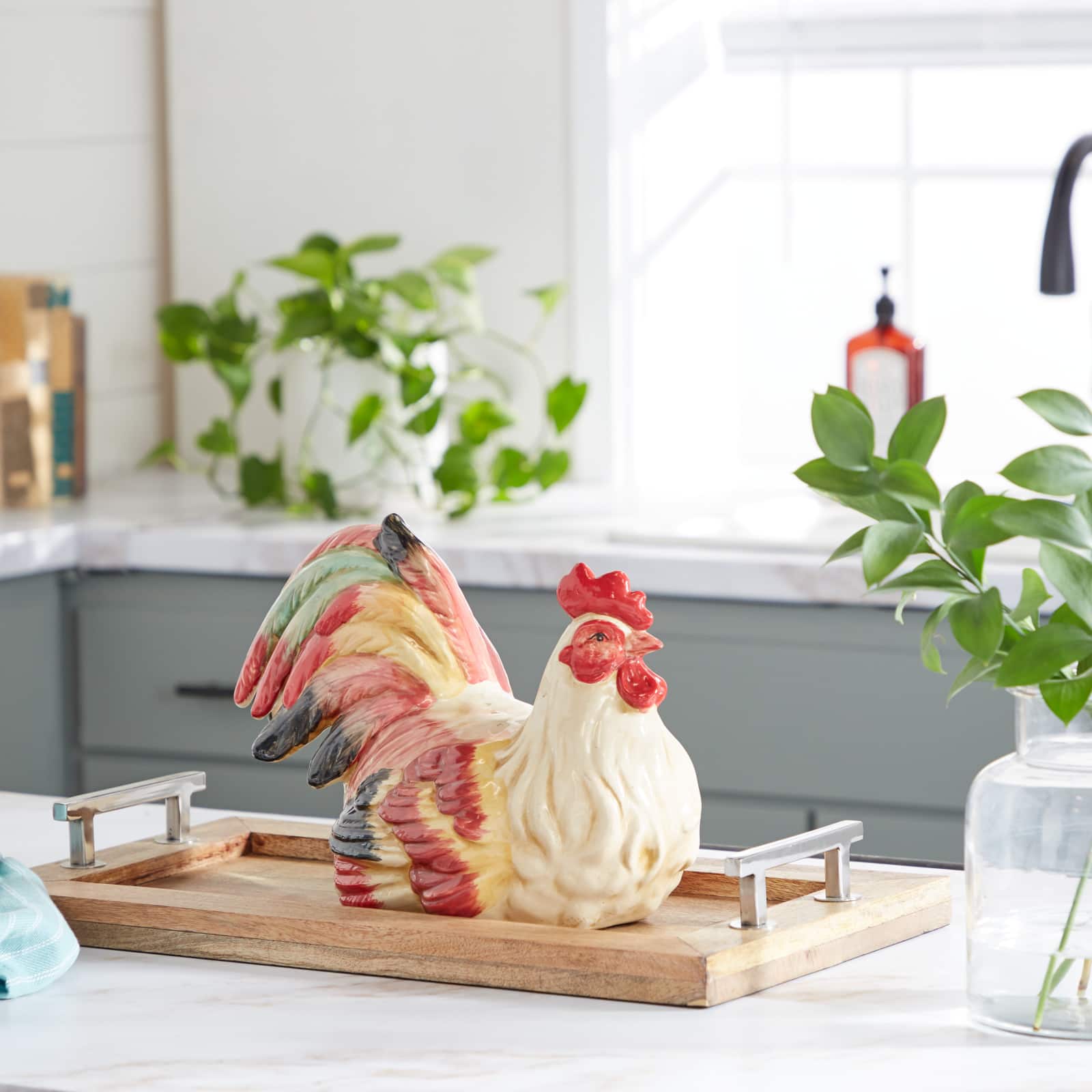 15" Red Ceramic Farmhouse Bird Garden Sculpture