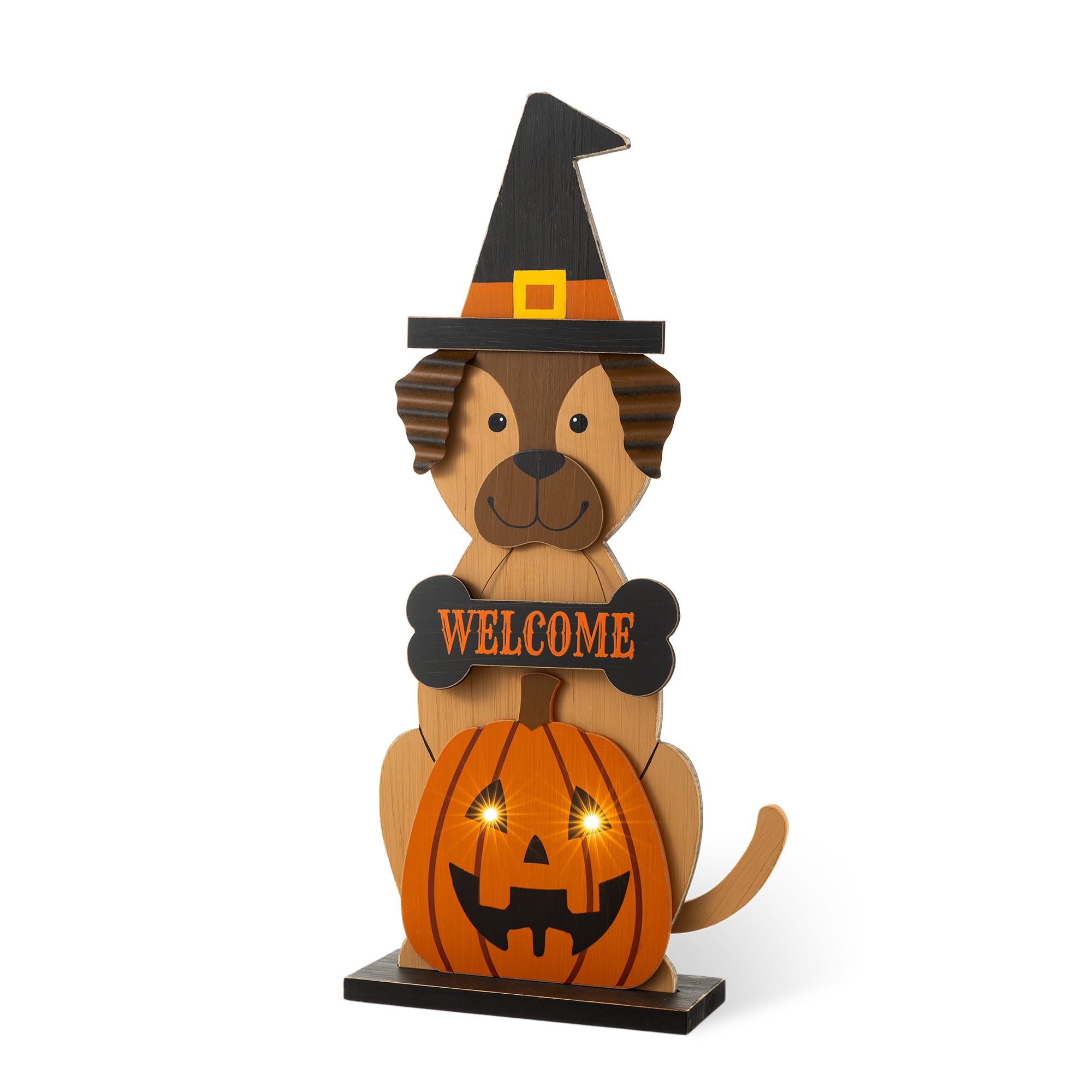 Glitzhome® 30" Halloween Wooden Lighted Witch Dog Porch Decor with Timer