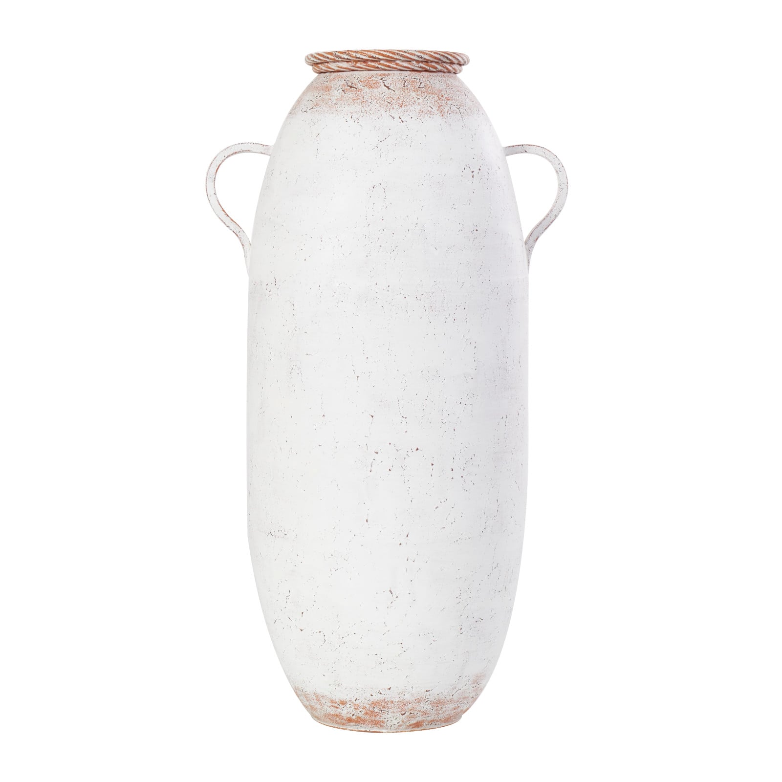 2ft. White Metal Antique Style Vase with Terra Cotta Accents & Handles
