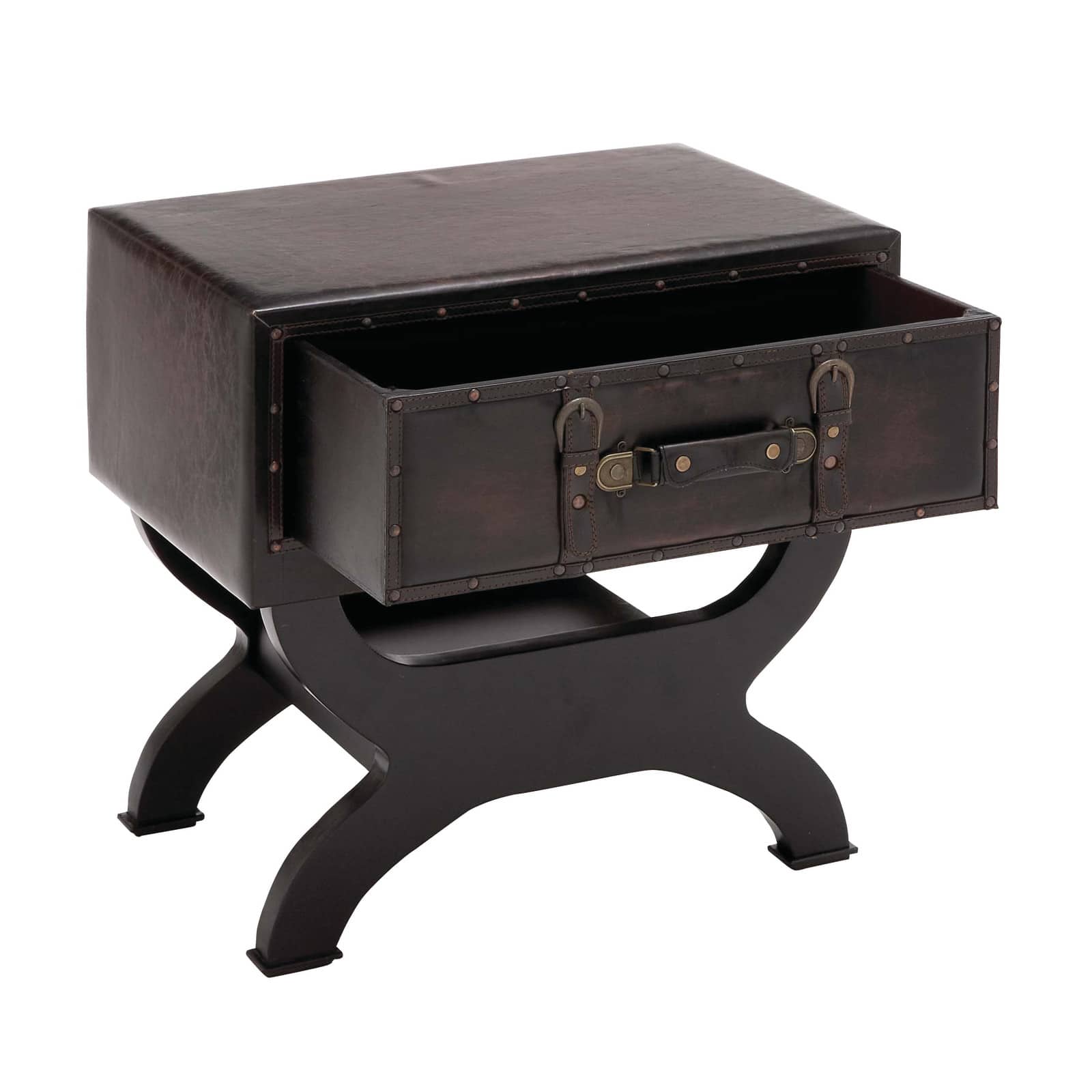 Brown Wood and Faux  Leather Traditional Accent Table, 22" x 22" x 16"